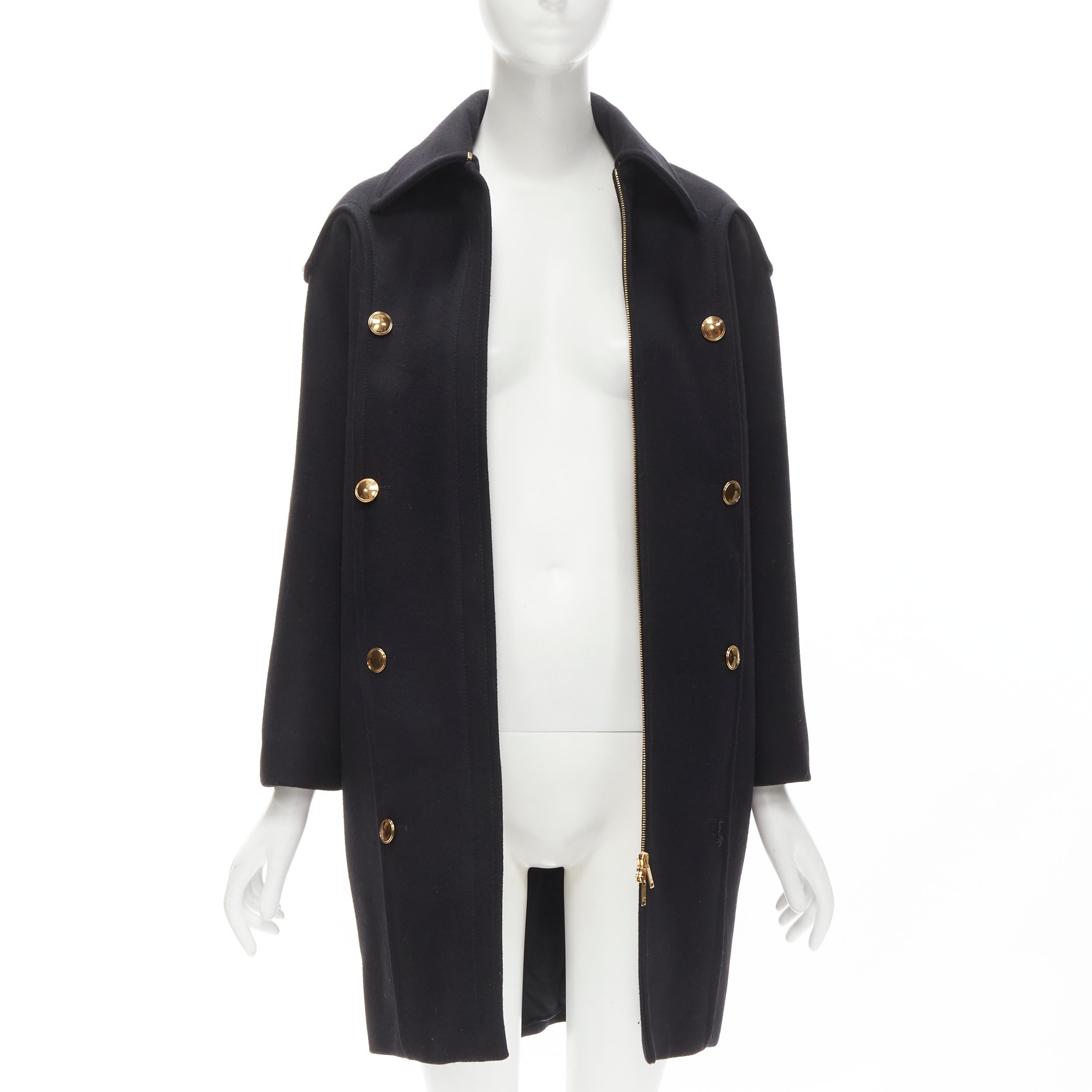 GUCCI 2012 black wool gold buttons zip front cocoon military coat IT38 XS In Good Condition In Hong Kong, NT