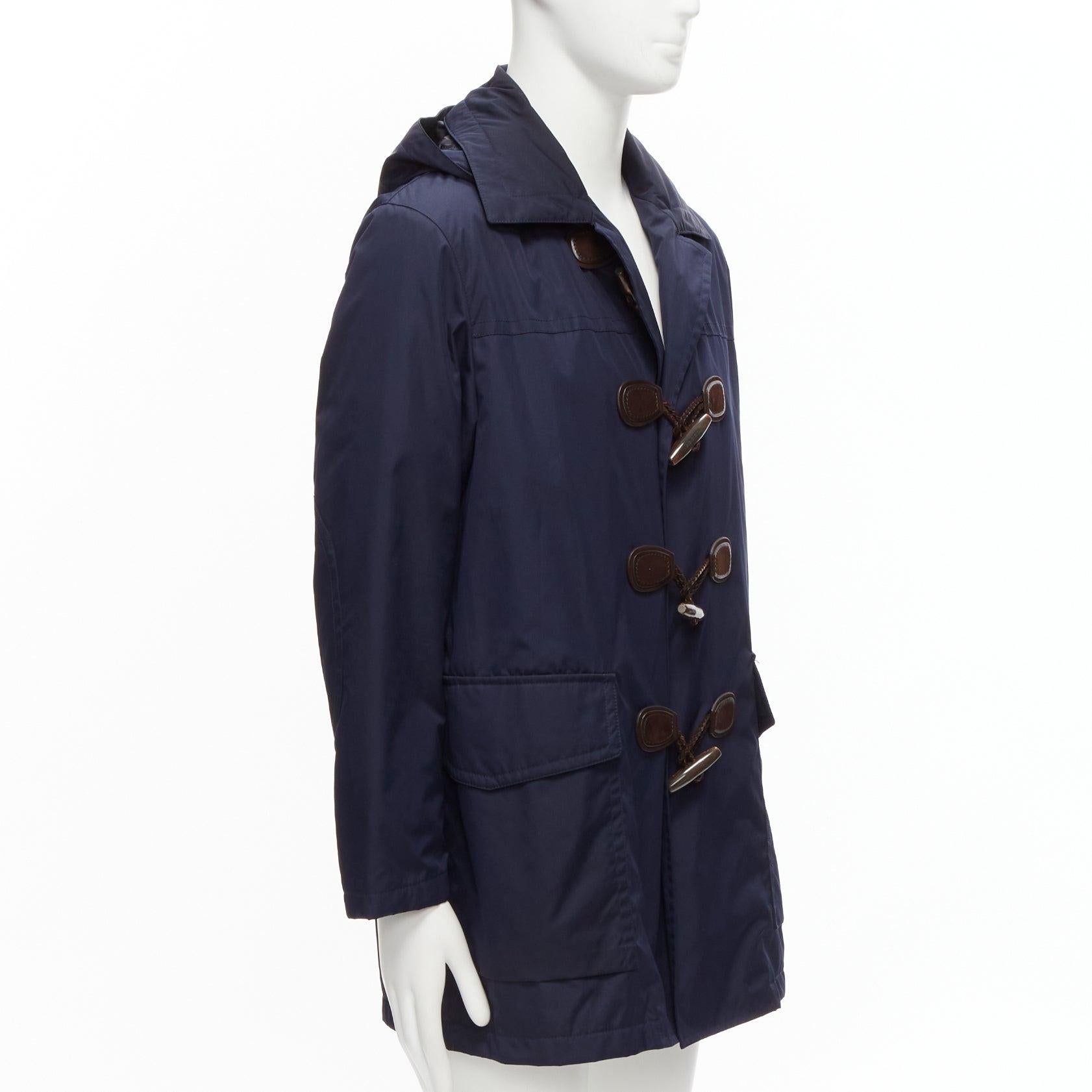Black GUCCI 2012 navy nylon brown toggle hooded anorak jacket coat IT48 M For Sale