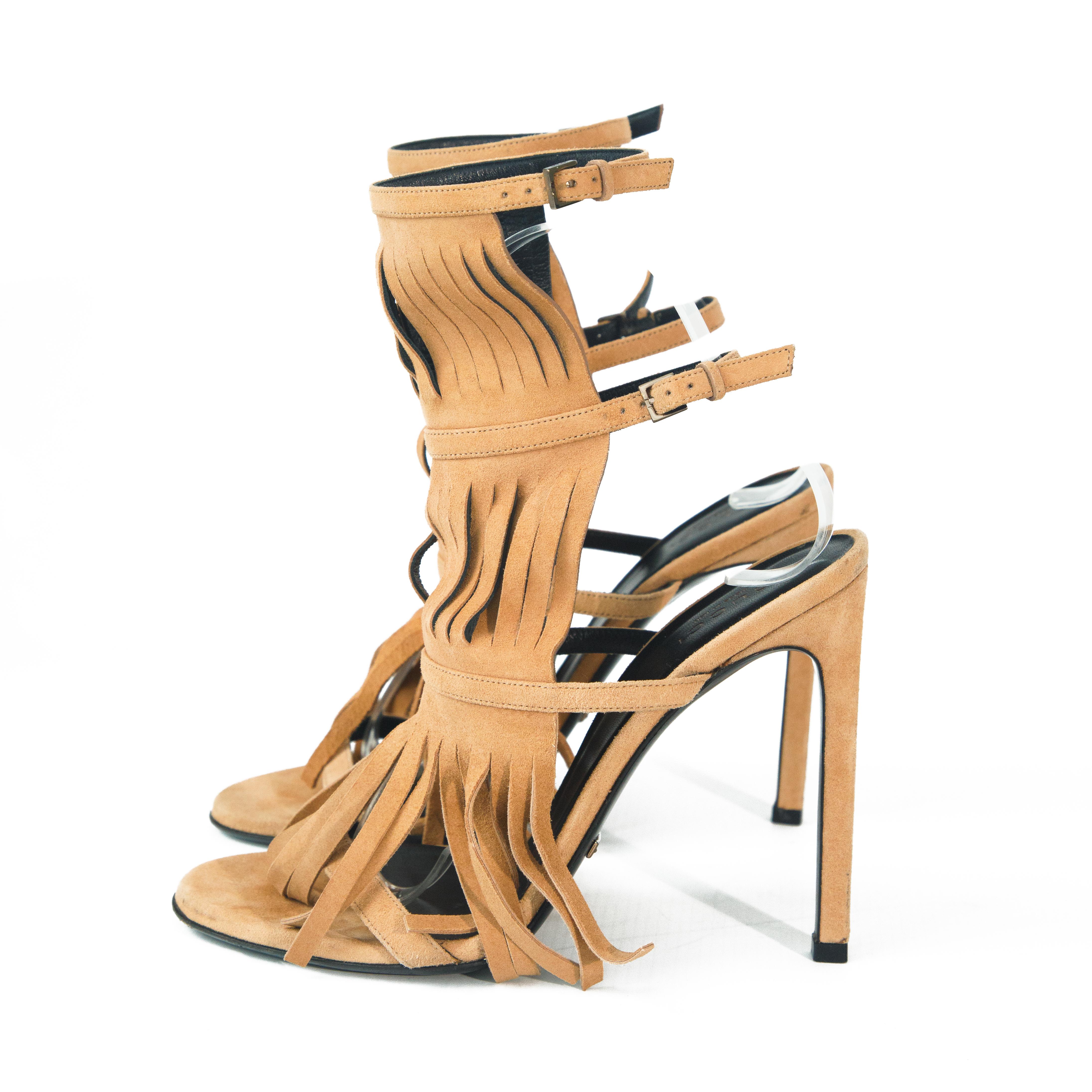 Orange Gucci 2014 Becky Suede Fringe Gladiator Heels size 37 For Sale
