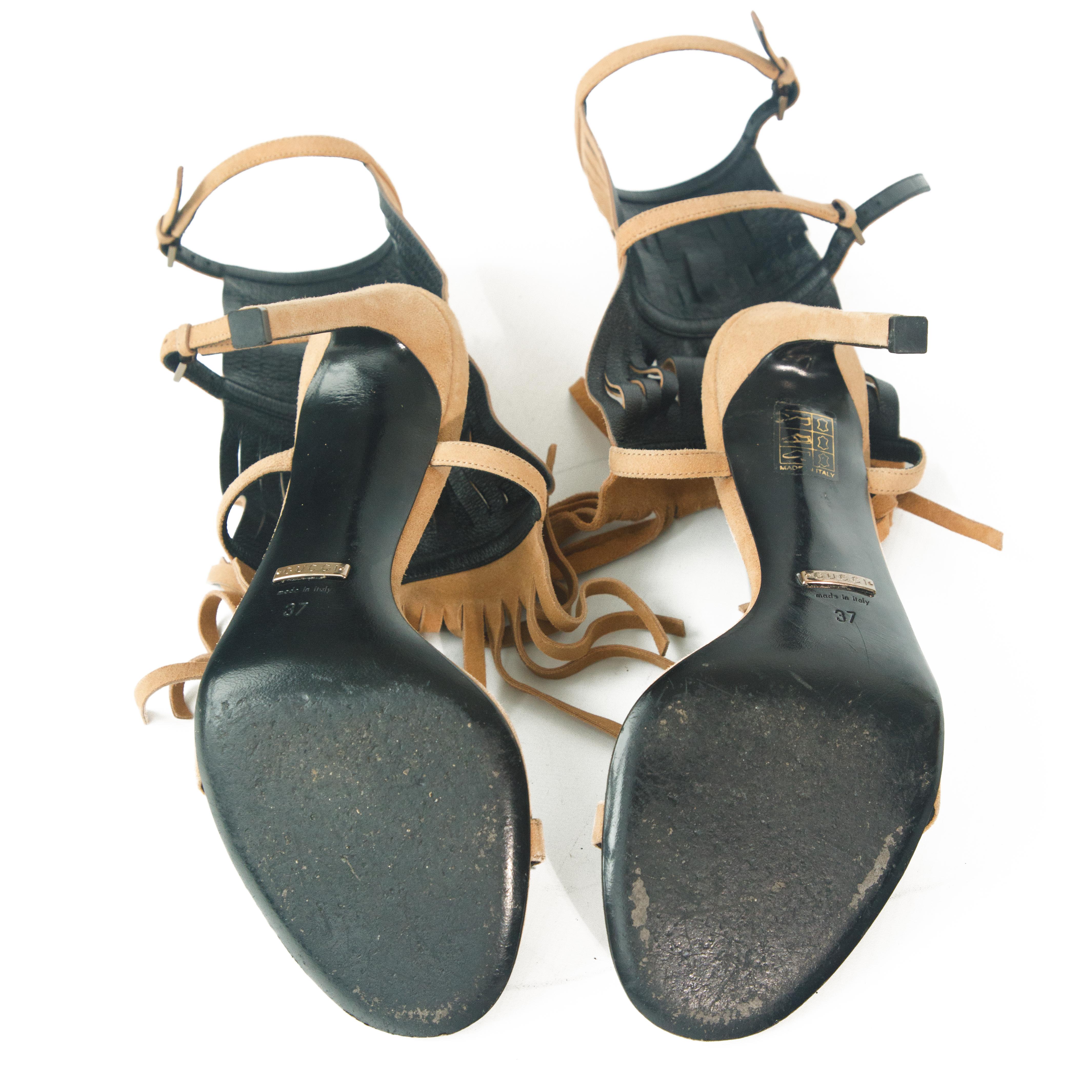 Gucci 2014 Becky Suede Fringe Gladiator Heels size 37 For Sale 3