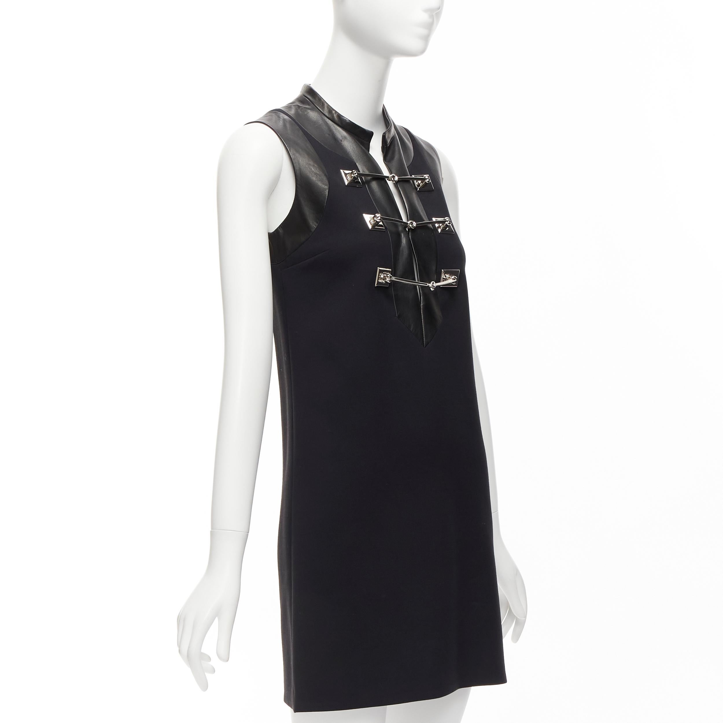 GUCCI 2014 Runway black wool leather silver horsebit buckle shift dress IT36 XXS In Good Condition For Sale In Hong Kong, NT