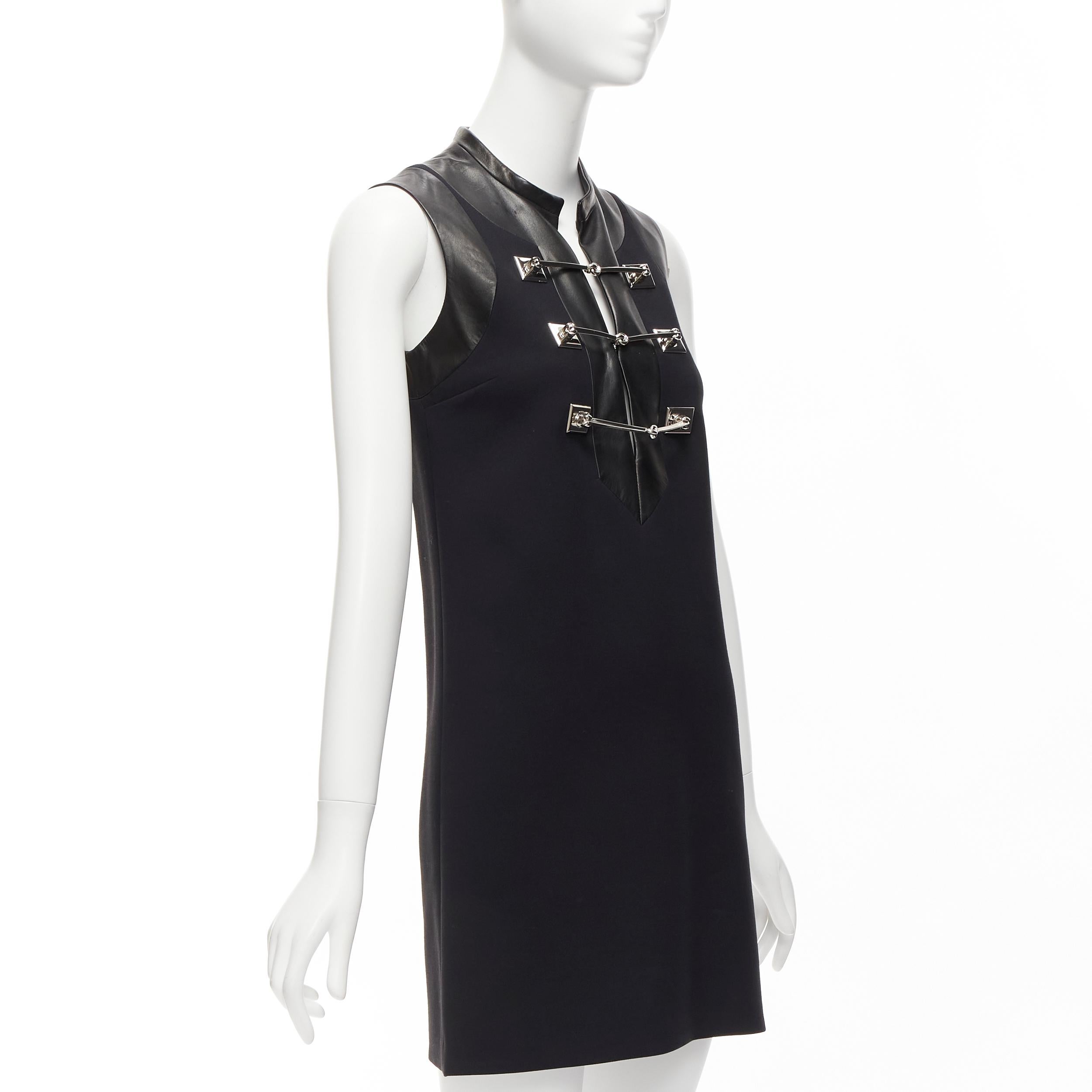Black GUCCI 2014 Runway black wool leather silver horsebit buckle shift dress IT36 XXS For Sale