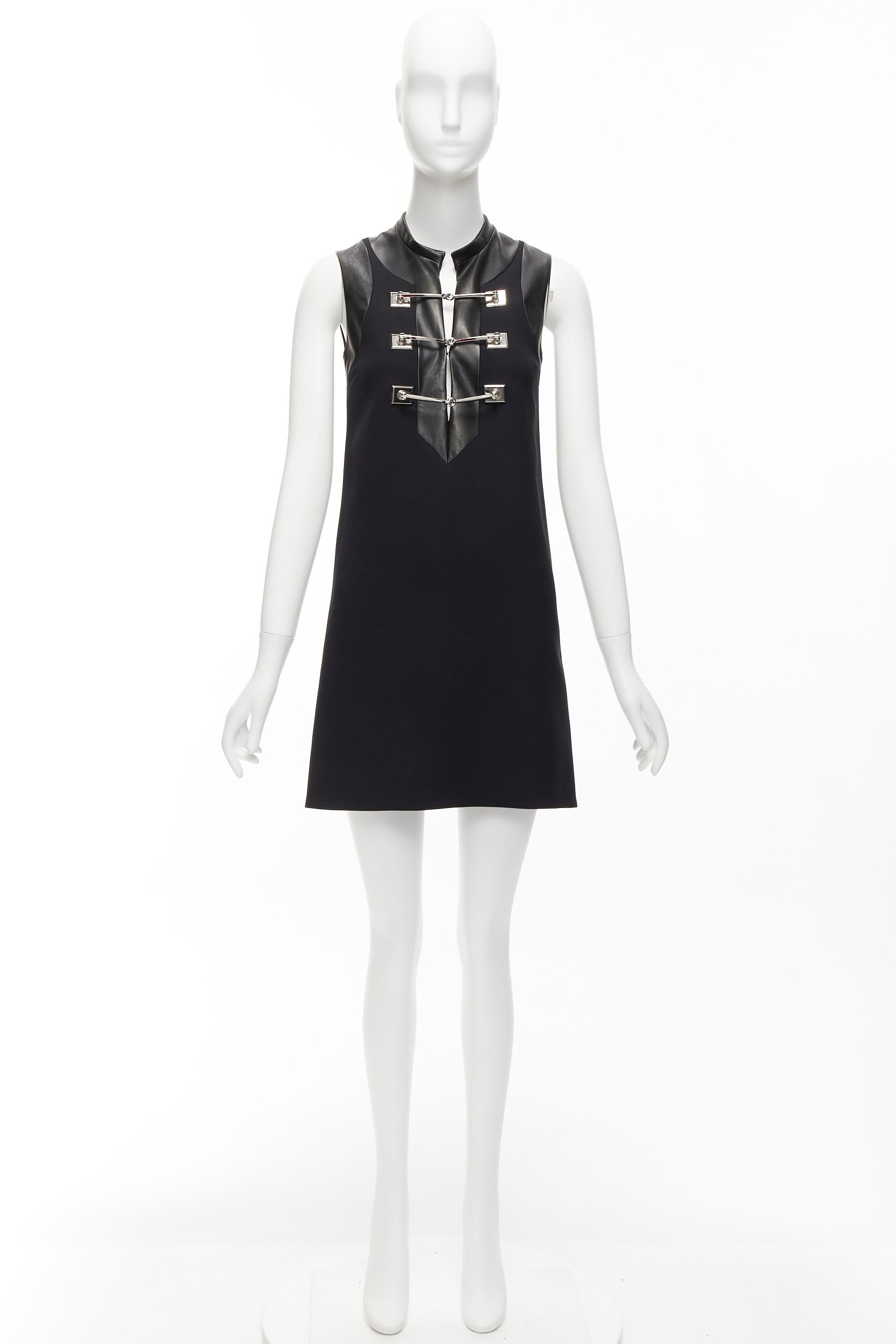 GUCCI 2014 Runway black wool leather silver horsebit buckle shift dress IT36 XXS For Sale 4