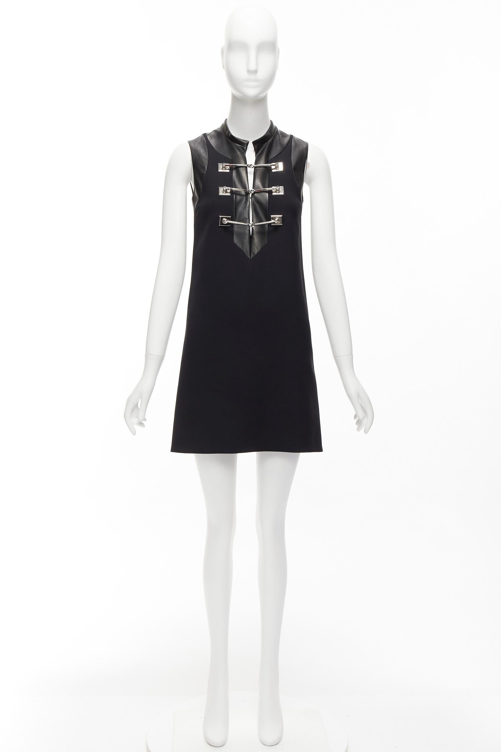 GUCCI 2014 Runway black wool leather silver horsebit buckle shift dress IT36 XXS For Sale 5