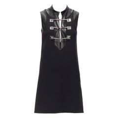 GUCCI 2014 Runway black wool leather silver horsebit buckle shift dress IT36 XXS