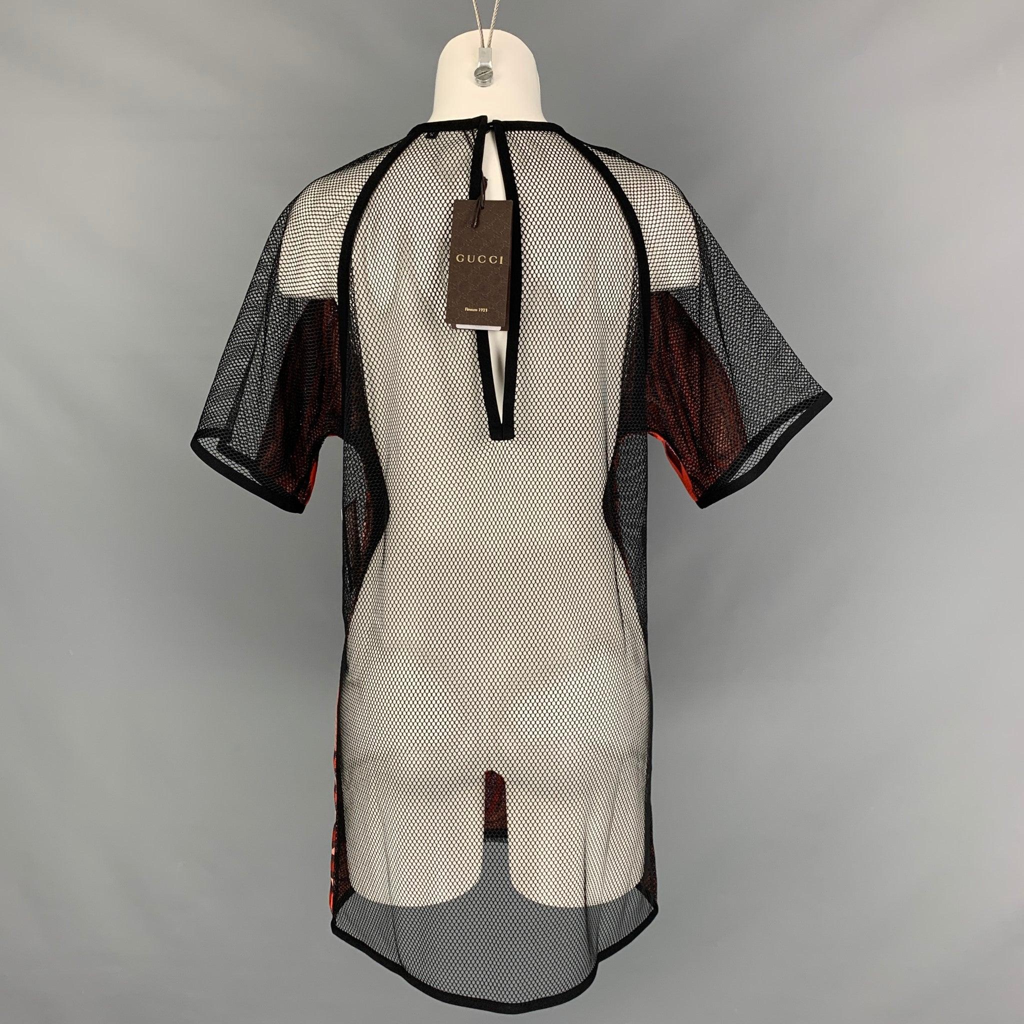 GUCCI 2014 Size 4 Black Orange Silk Blend Applique Short Sleeve Dress Top In Excellent Condition For Sale In San Francisco, CA