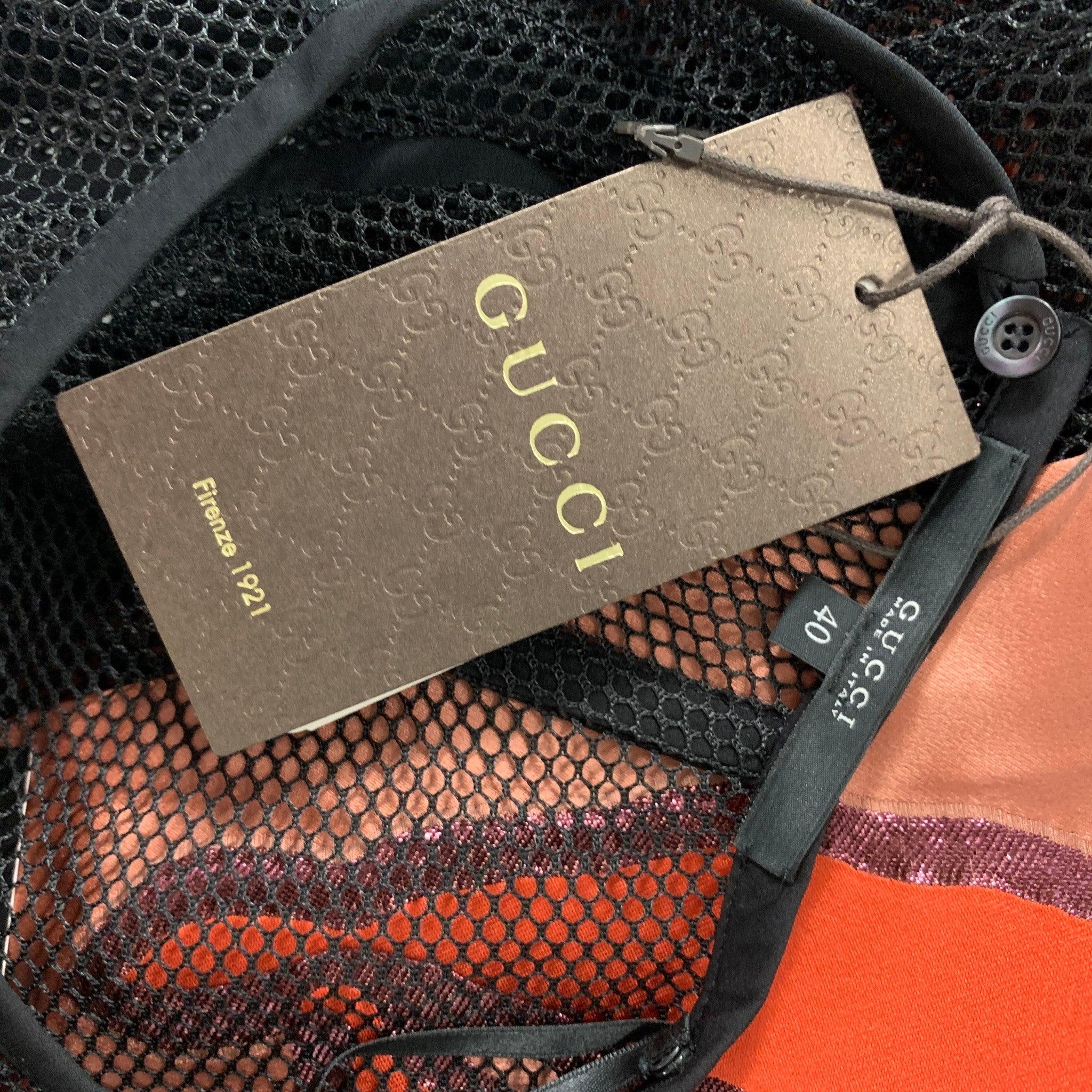 Women's GUCCI 2014 Size 4 Black Orange Silk Blend Applique Short Sleeve Dress Top For Sale