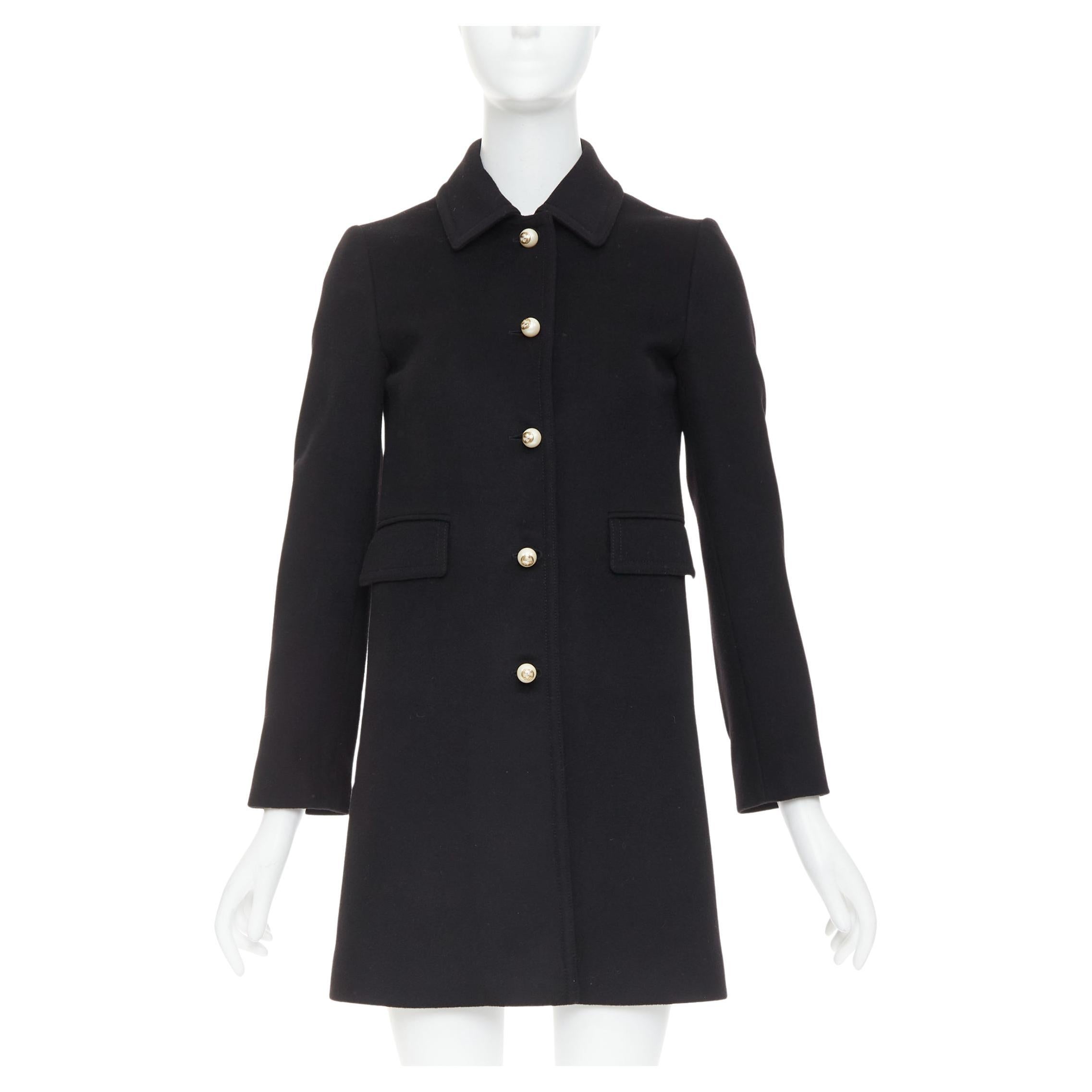 Gucci 2015 cappotto nero in lana GG con bottoni perlati e tasca sul collo IT36 XXS