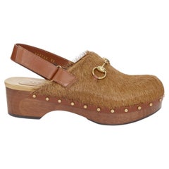 GUCCI 2015 brown calf hair horsebit studded slingback wood clogs EU38