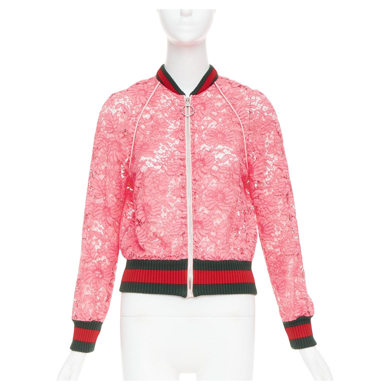 GUCCI 2015 Michele pink floral lace vintage web bomber jacket IT40 S For Sale
