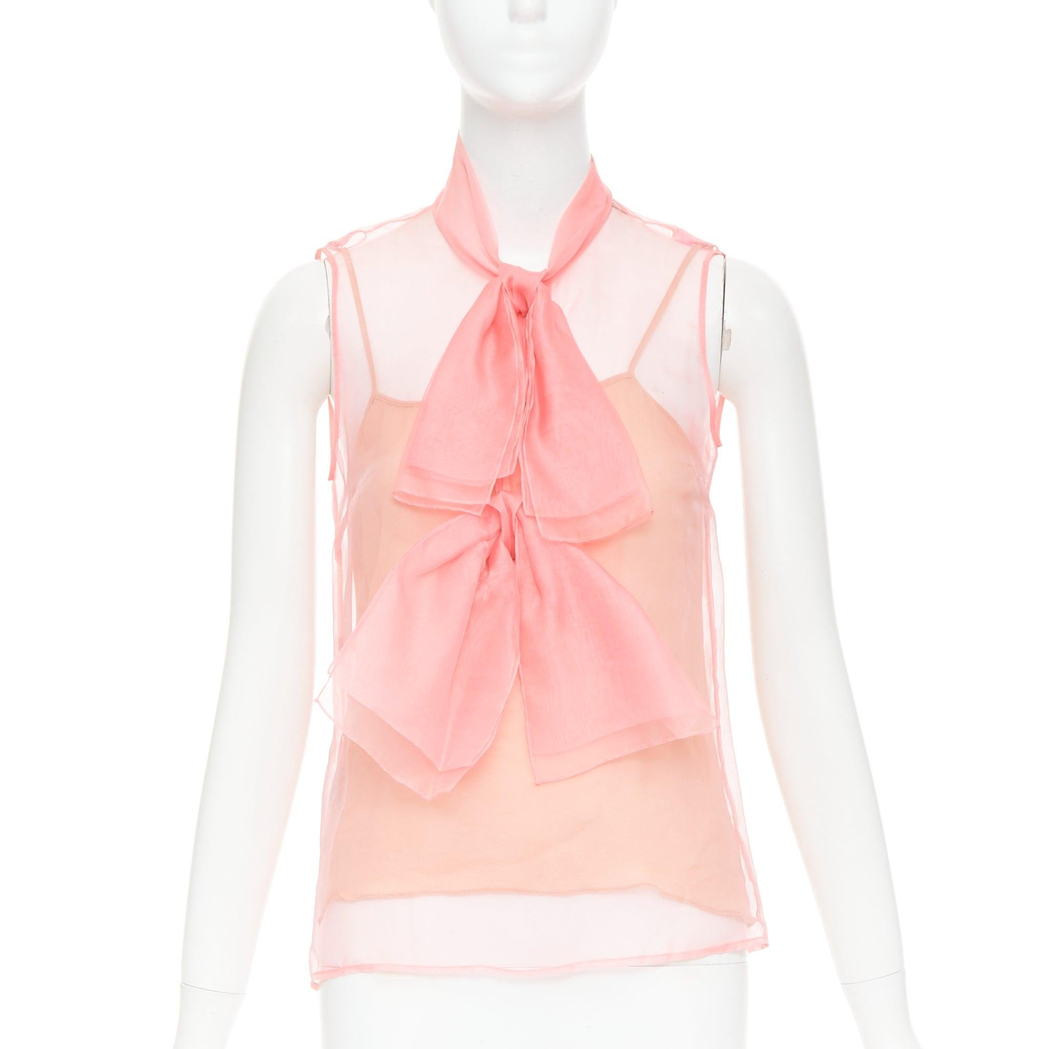 GUCCI 2015 pink silk organza sheer pussybow sleeveless blouse IT38 XS