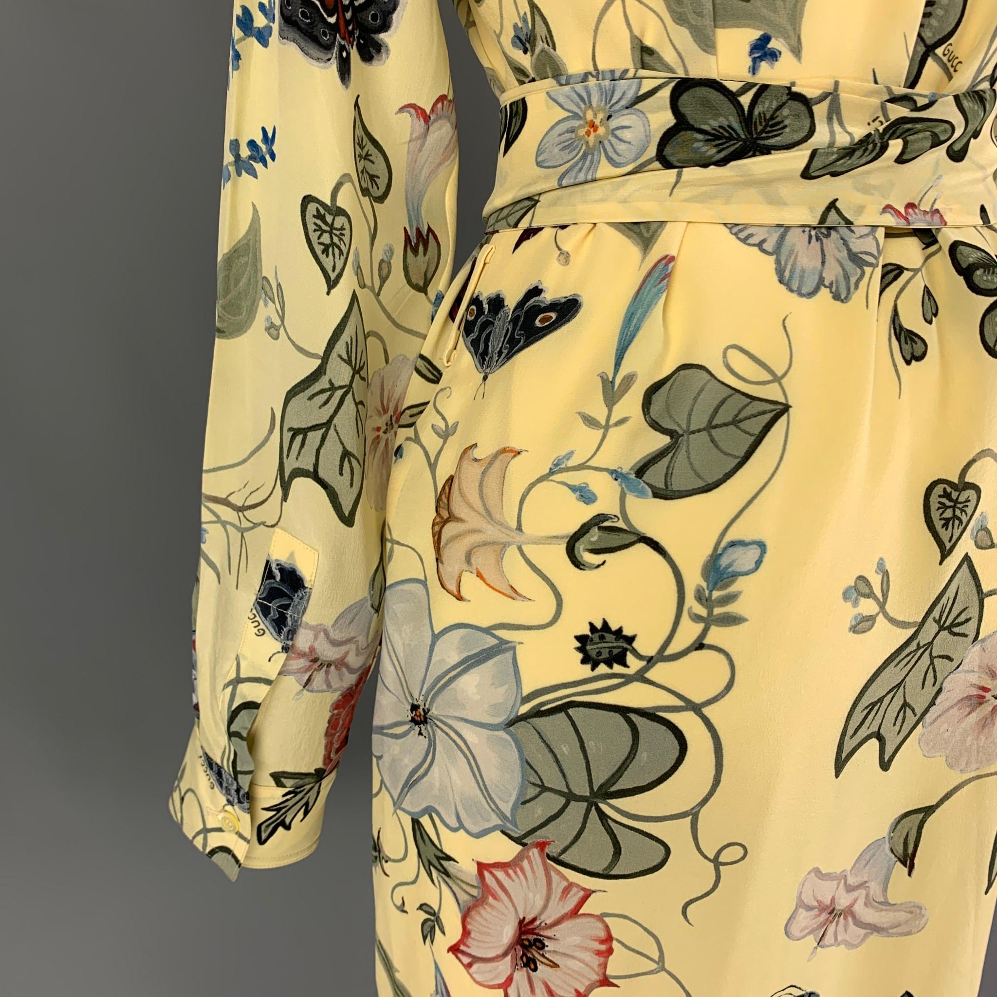GUCCI 2015 Resort Flora by Kris Knight Size 6 Yellow Green Silk Dress In Good Condition In San Francisco, CA