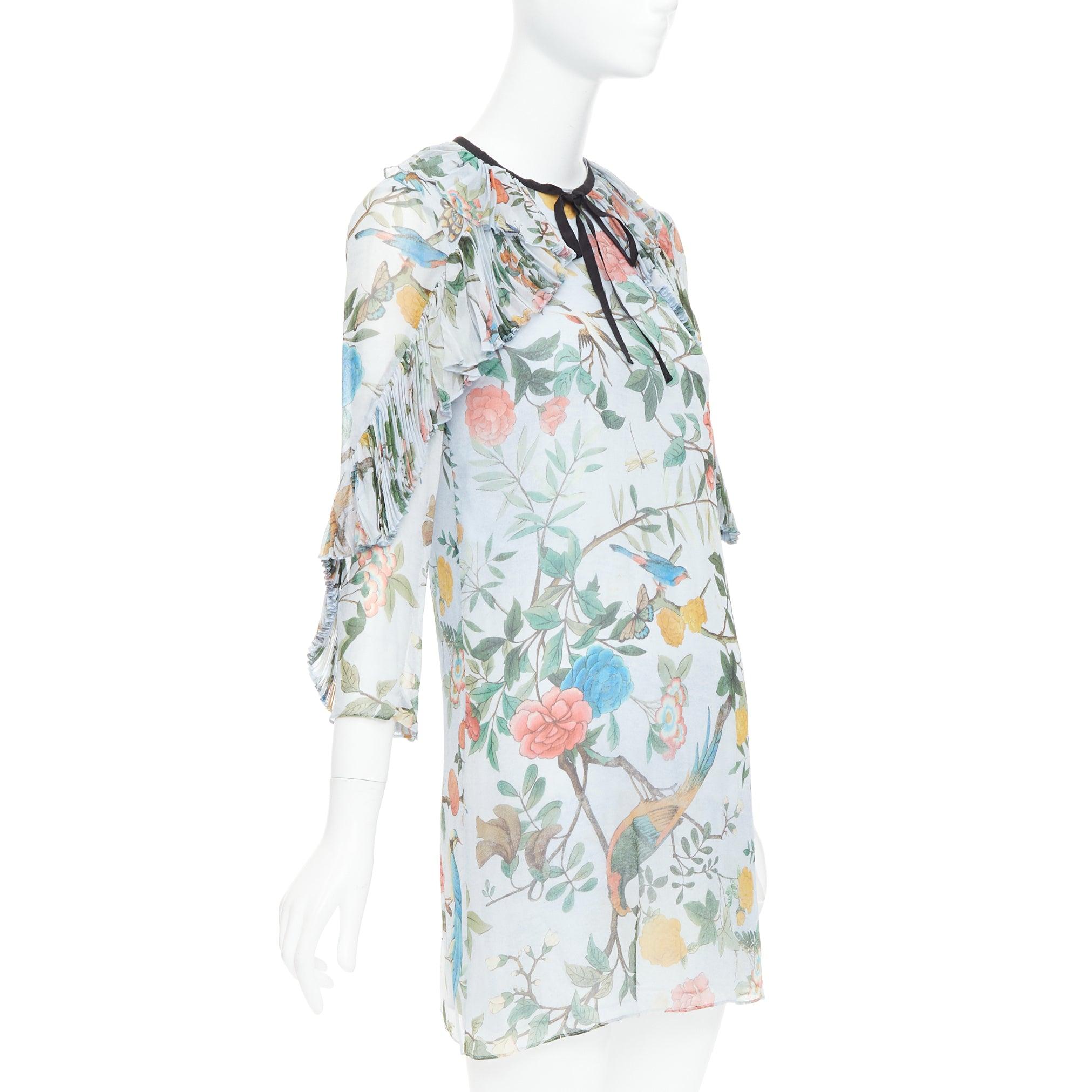 Black GUCCI 2015 Tian Bloom print 100% silk black ribbon trim dress IT36 XXS For Sale