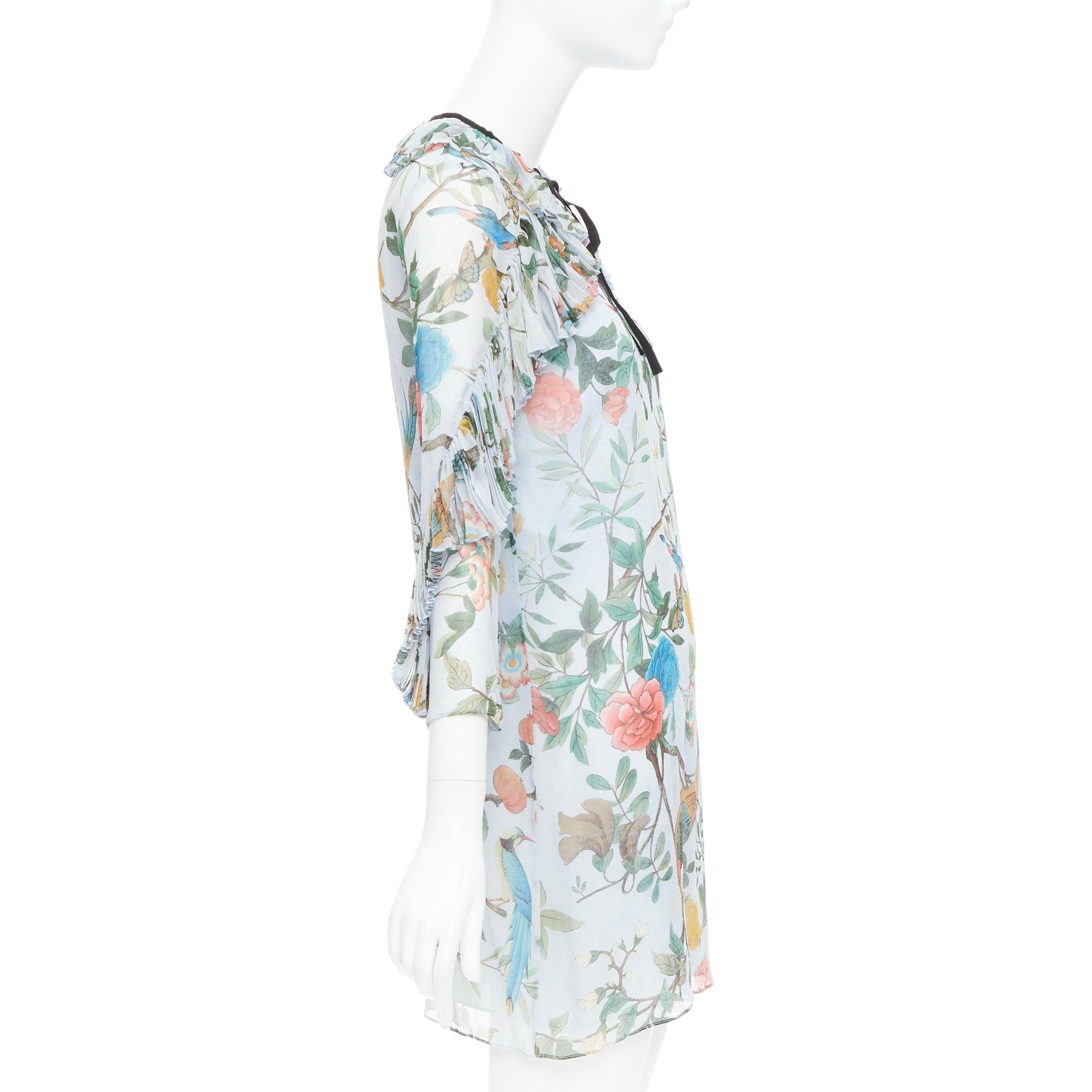 GUCCI 2015 Tian Bloom print 100% silk black ribbon trim dress IT36 XXS In Fair Condition For Sale In Hong Kong, NT