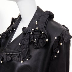 GUCCI 2016 black lambskin leather faux pearl ruffle collar biker jacket IT40 S