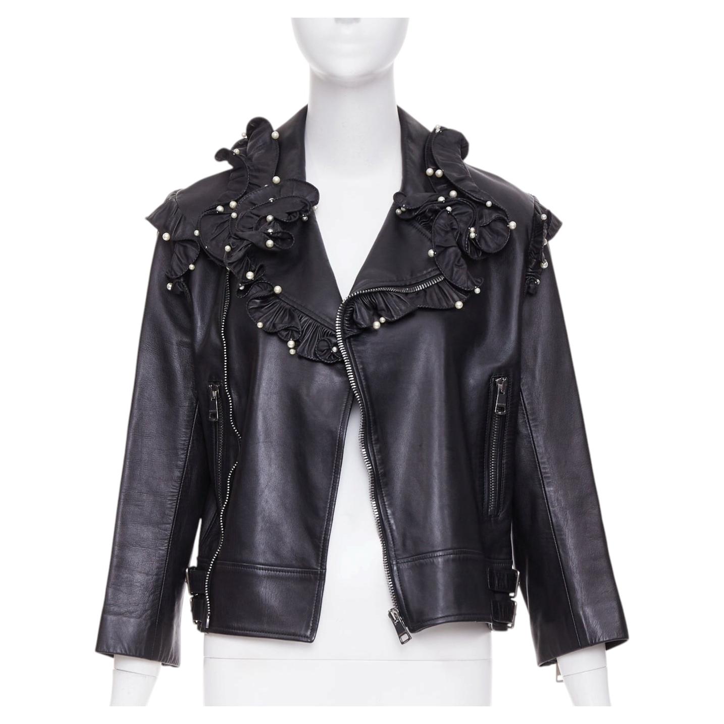 GUCCI 2016 black lambskin leather faux pearl ruffle collar biker jacket IT40 S For Sale