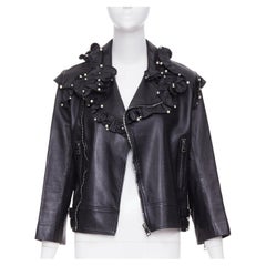 GUCCI 2016 black lambskin leather faux pearl ruffle collar biker jacket IT40 S