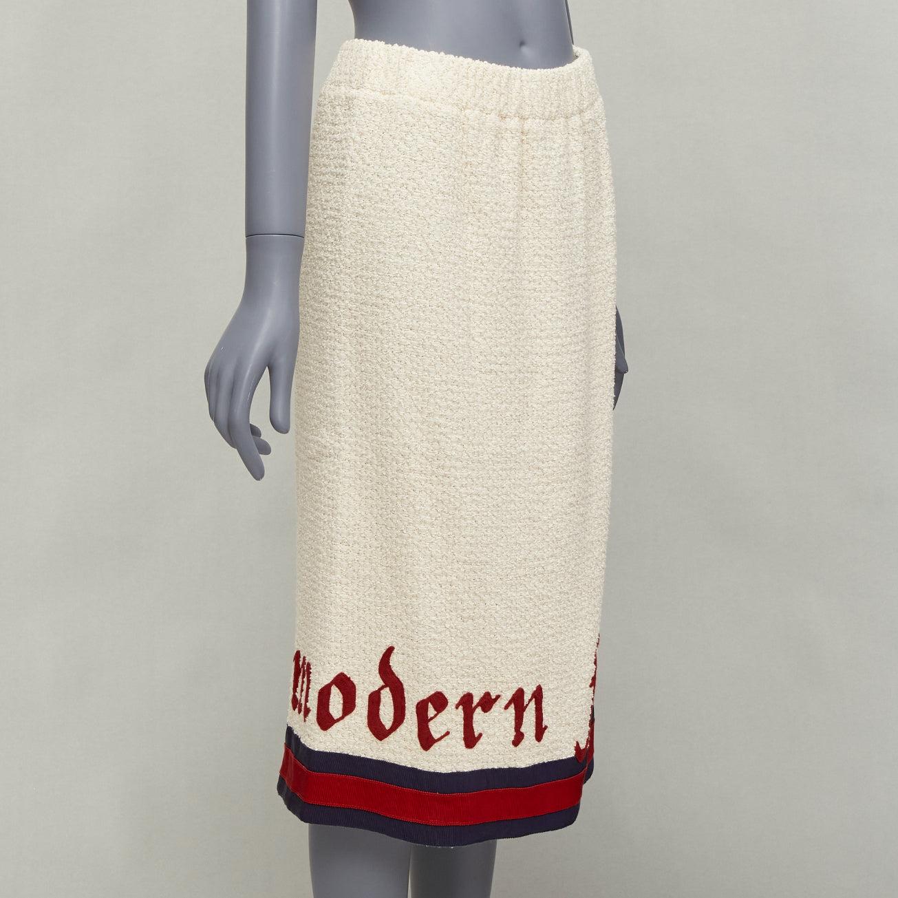 Beige Gucci 2016 Modern Future jupe midi en coton bouclette crème garnie de sangles IT42 M en vente