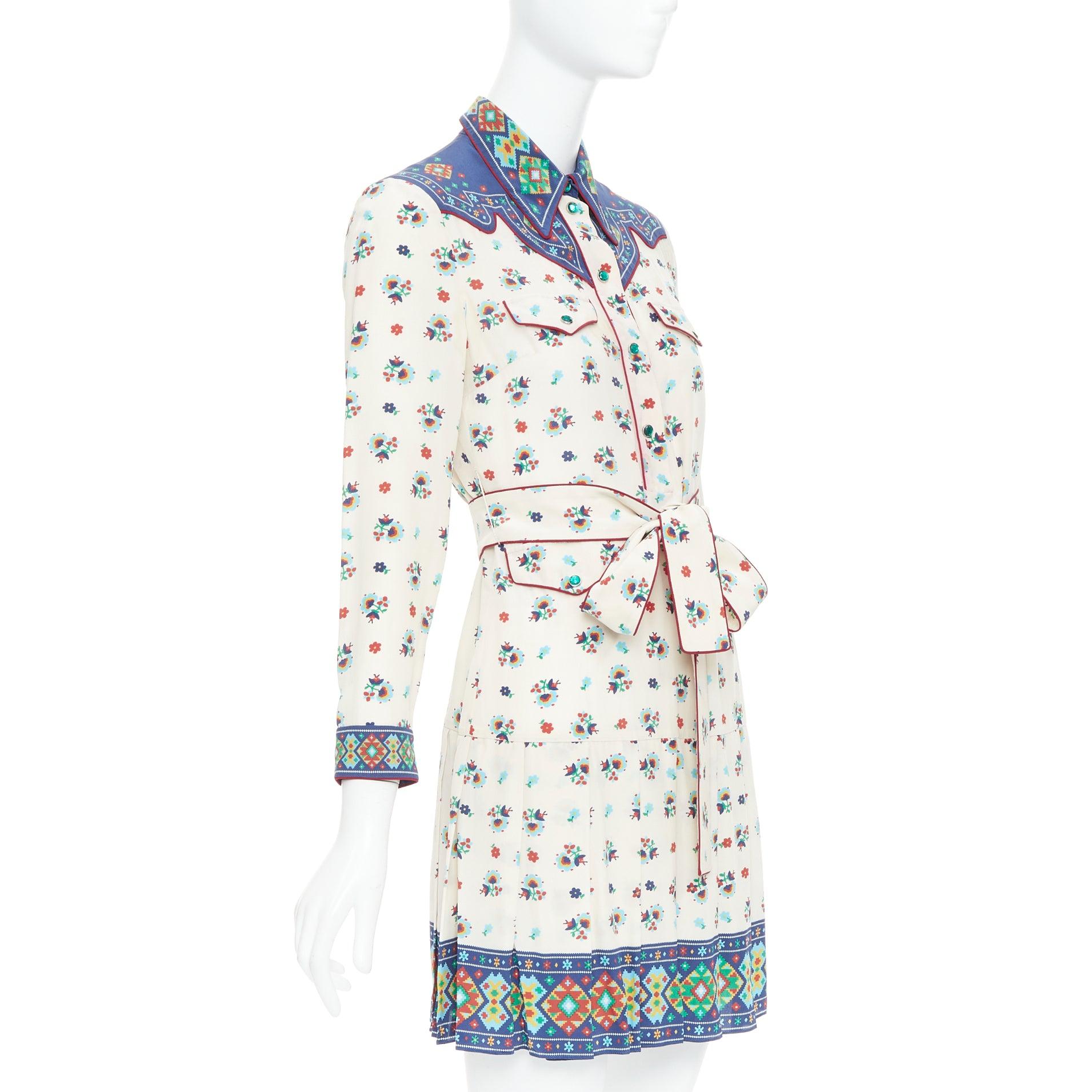 Gray GUCCI 2016 navy cream 100% silk western print belted dress IT38 XS