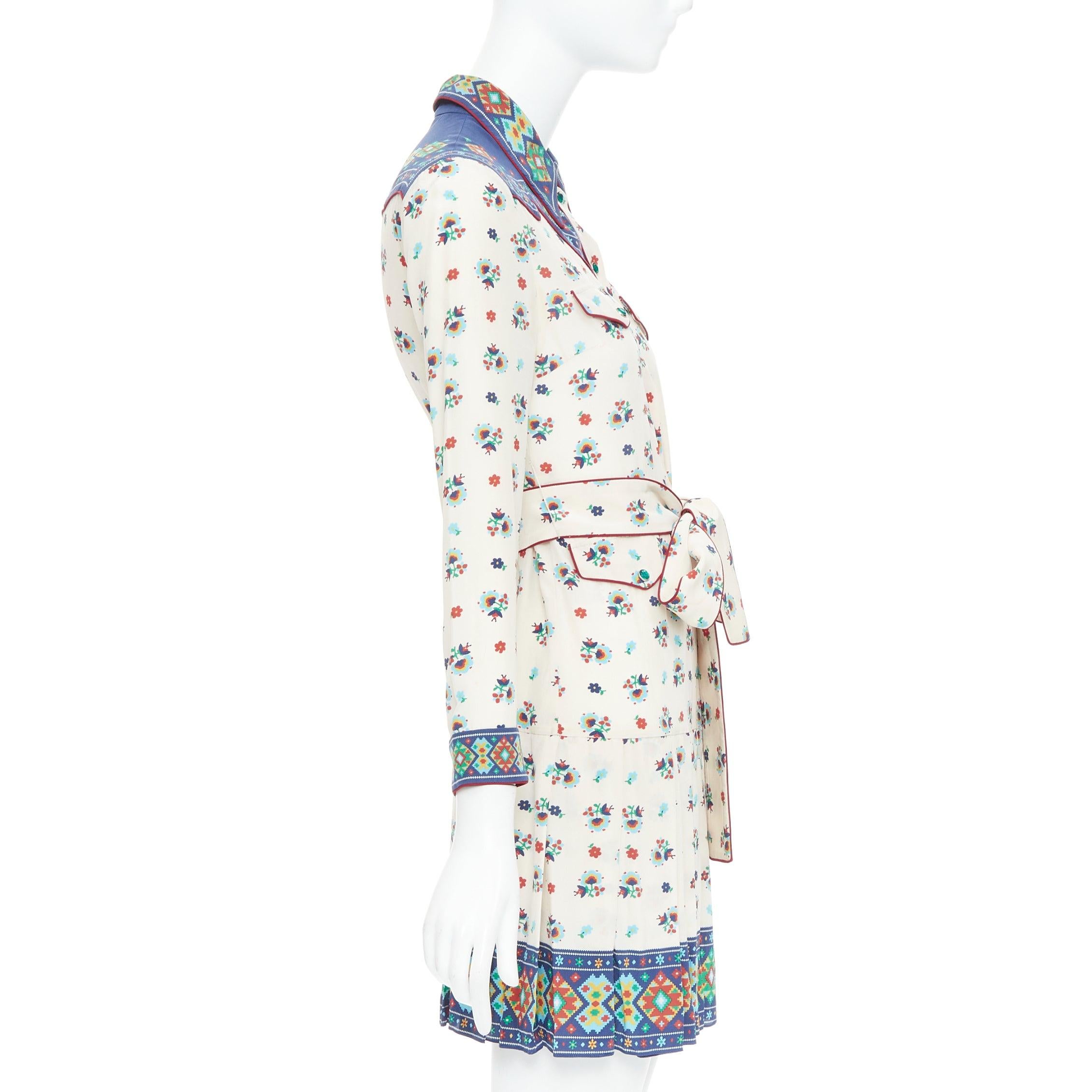 GUCCI 2016 navy cream 100% silk western print belted dress IT38 XS In Fair Condition In Hong Kong, NT