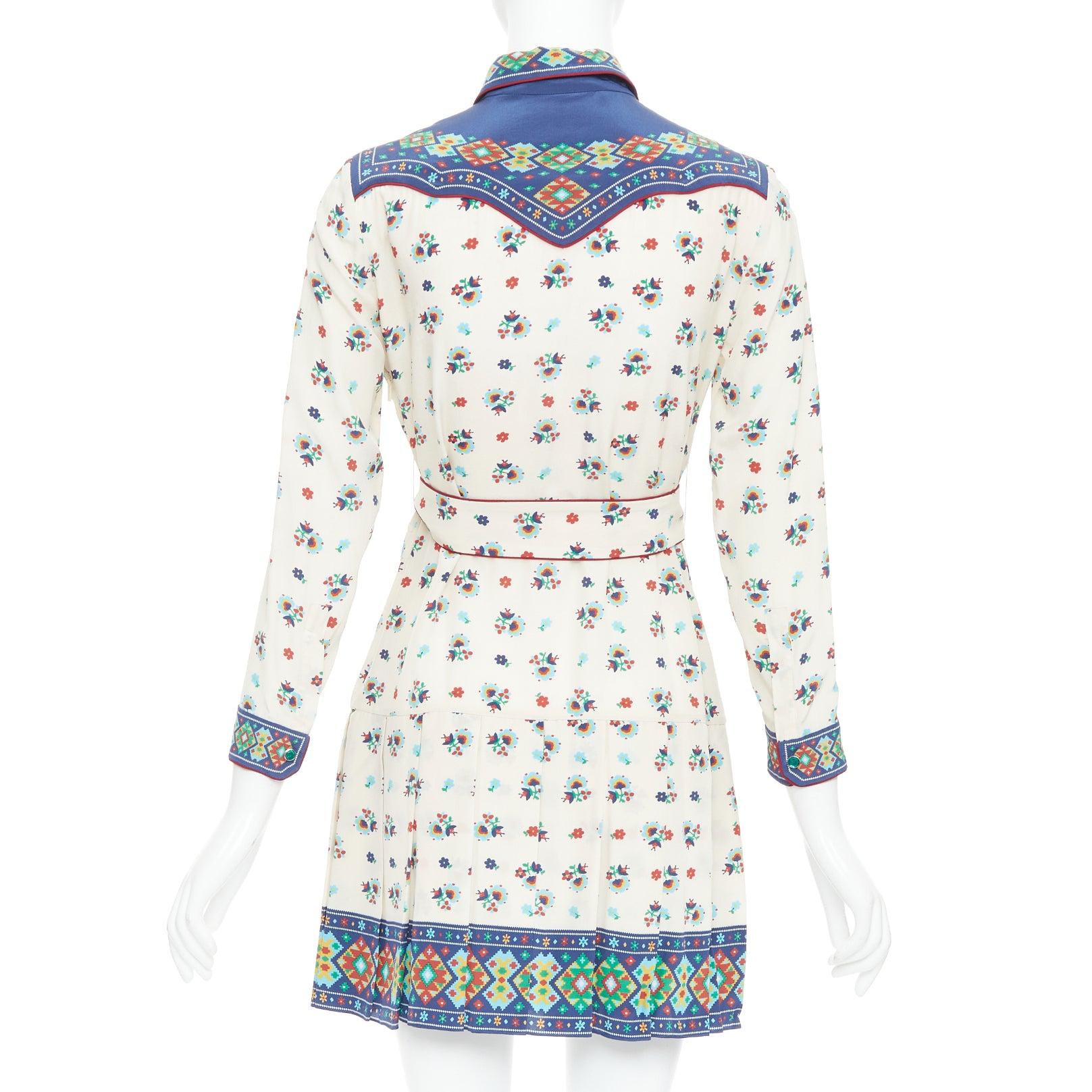 Women's GUCCI 2016 navy cream 100% silk western print belted dress IT38 XS
