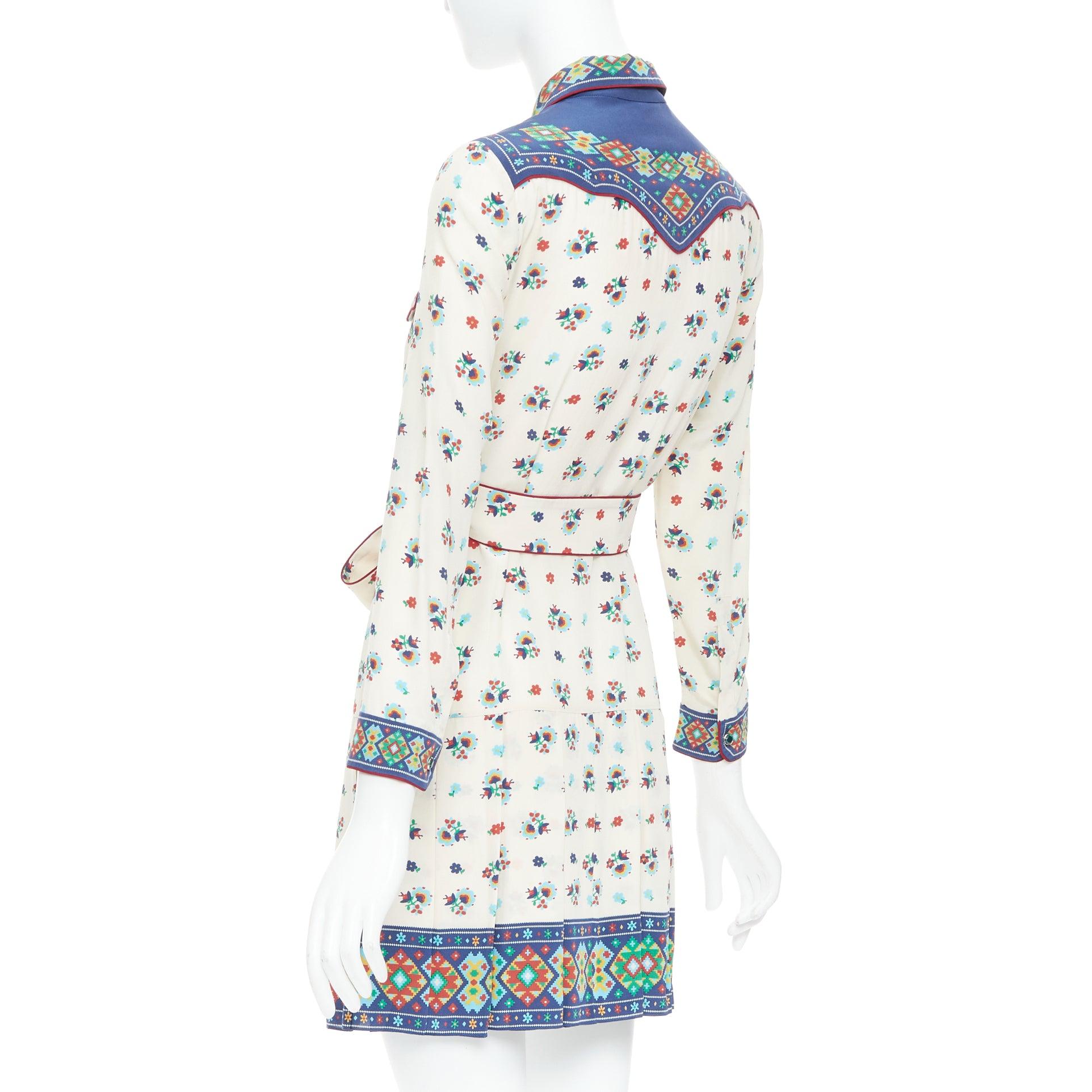 GUCCI 2016 navy cream 100% silk western print belted dress IT38 XS 1