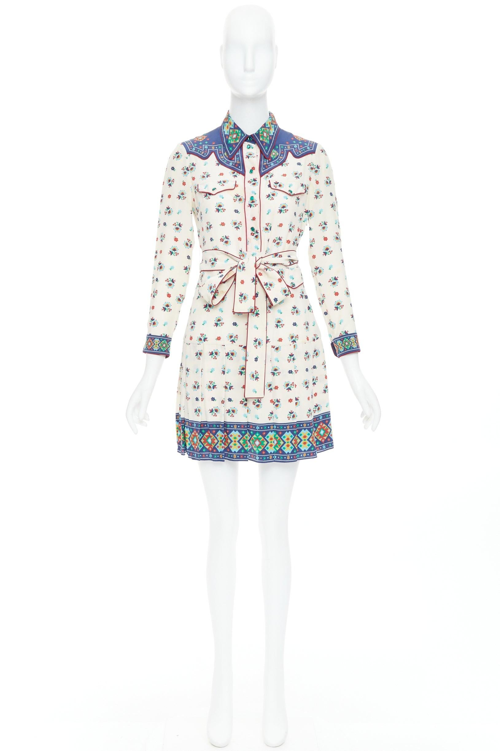 GUCCI 2016 navy cream 100% silk western print belted dress IT38 XS 4