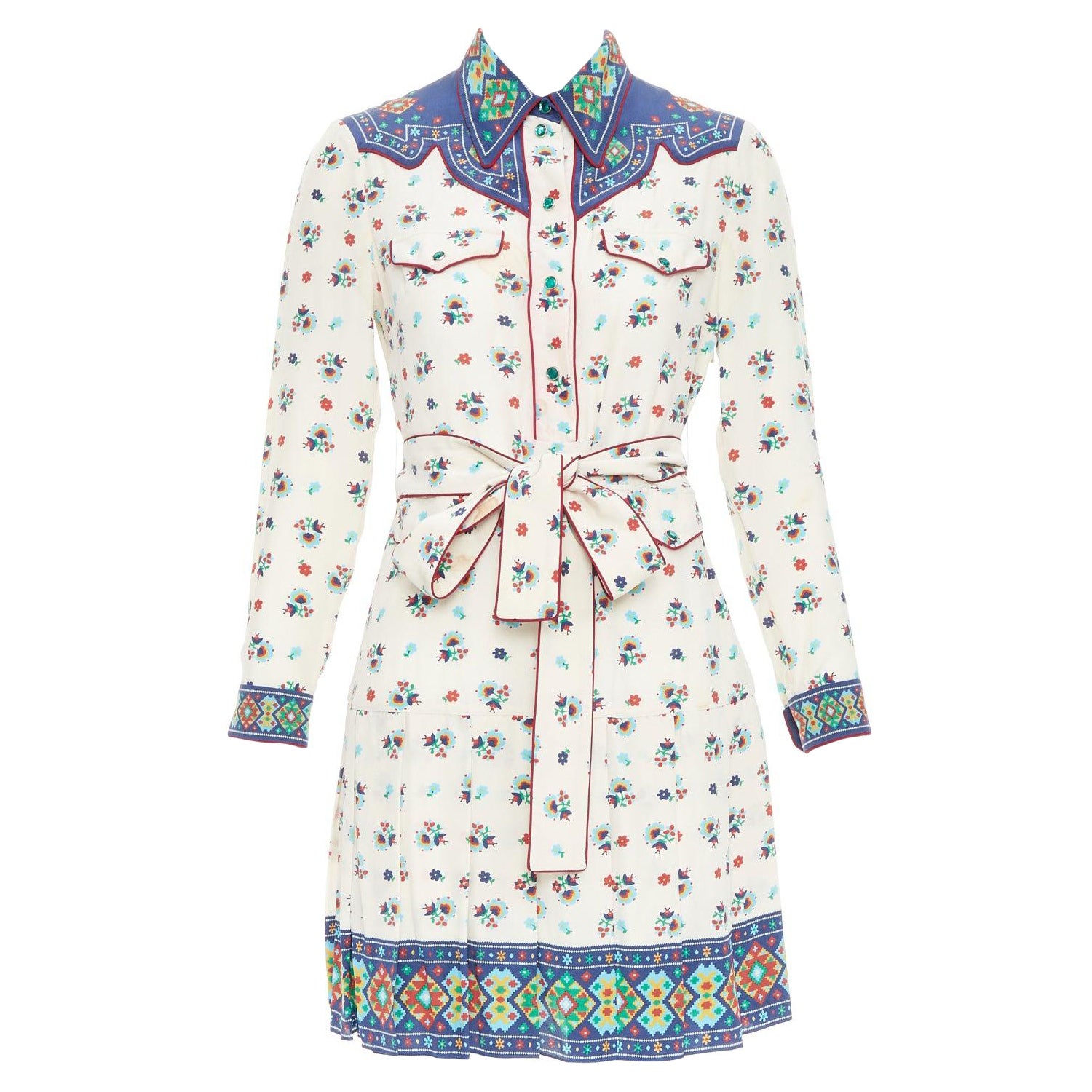 GUCCI 2016 - Robe ceinturée à imprimé western 100 % soie crème marine IT38 XS en vente