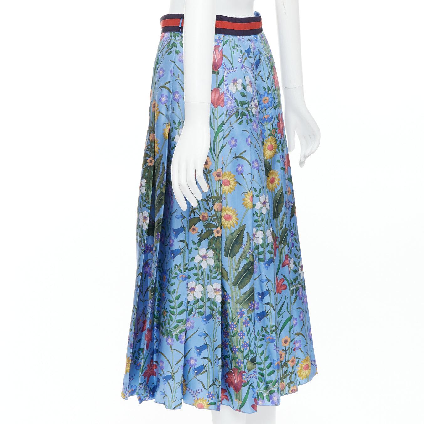 GUCCI 2016 Nuevo Flora 100% seda azul floración falda plisada IT42 M en venta 1