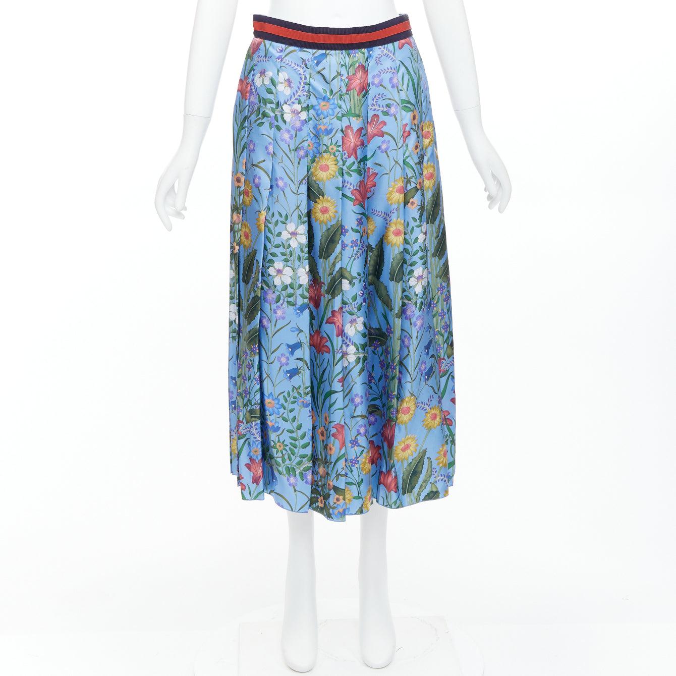GUCCI 2016 Nuevo Flora 100% seda azul floración falda plisada IT42 M en venta 4
