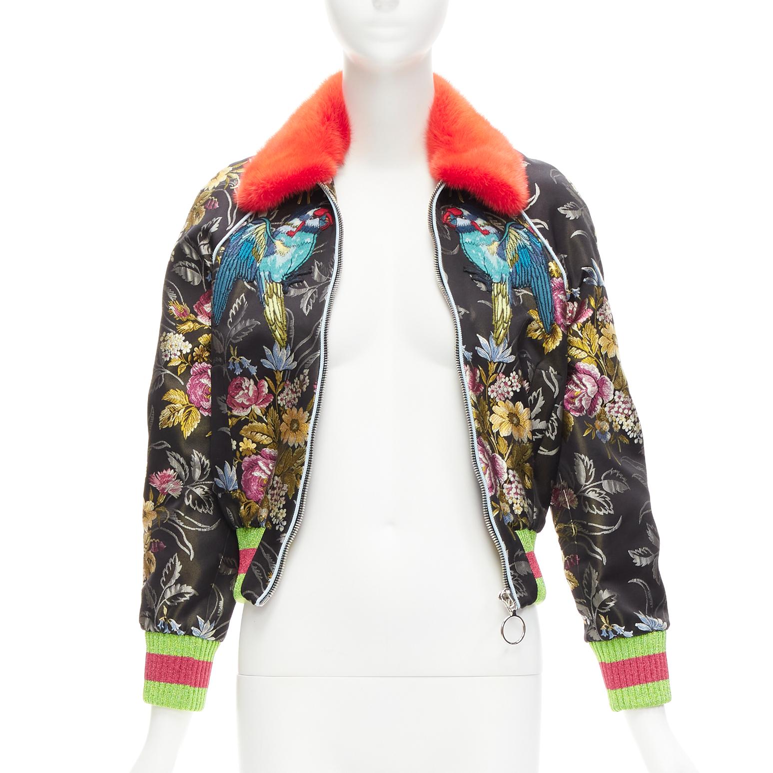 Black GUCCI 2016 Runway floral jacquard mink fur collar bomber jacket IT38 XS