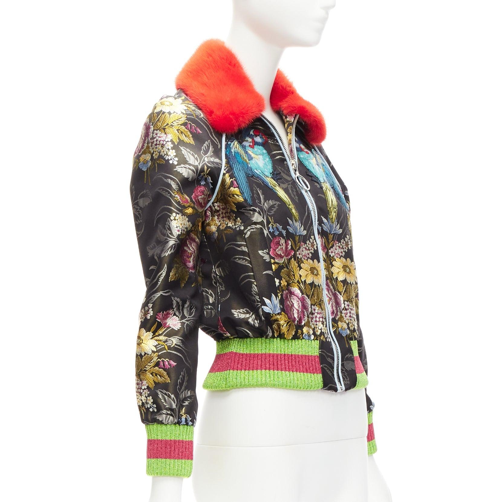 GUCCI 2016 Runway floral jacquard mink fur collar bomber jacket IT38 XS In Excellent Condition In Hong Kong, NT