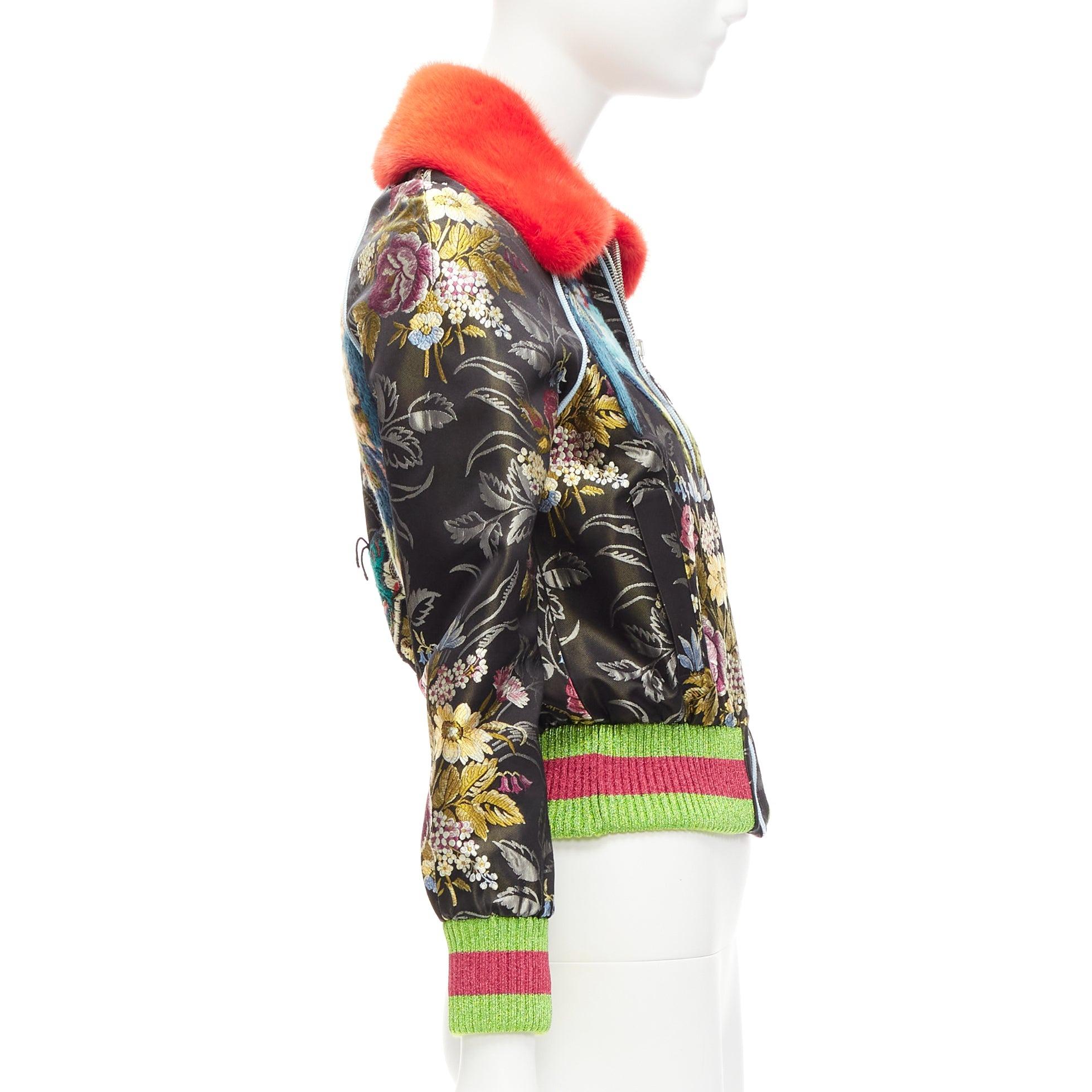 Women's GUCCI 2016 Runway floral jacquard mink fur collar bomber jacket IT38 XS