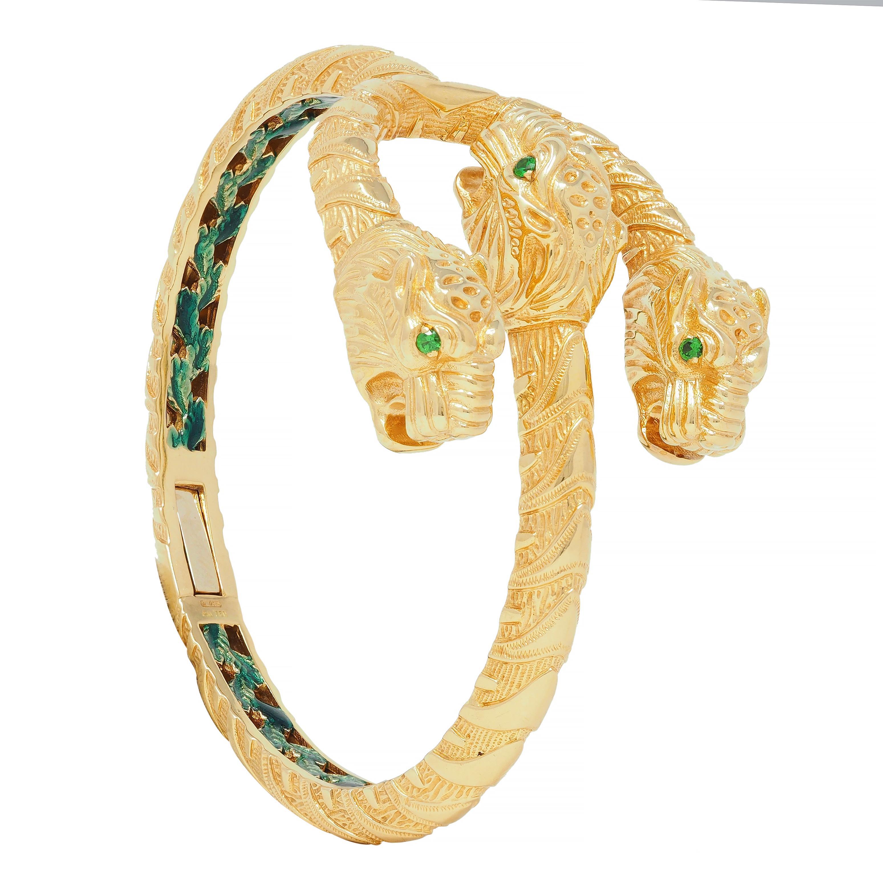 Gucci 2016 Tsavorite Enamel 18 Karat Yellow Gold Dionysus Tiger Cuff Bracelet For Sale 5