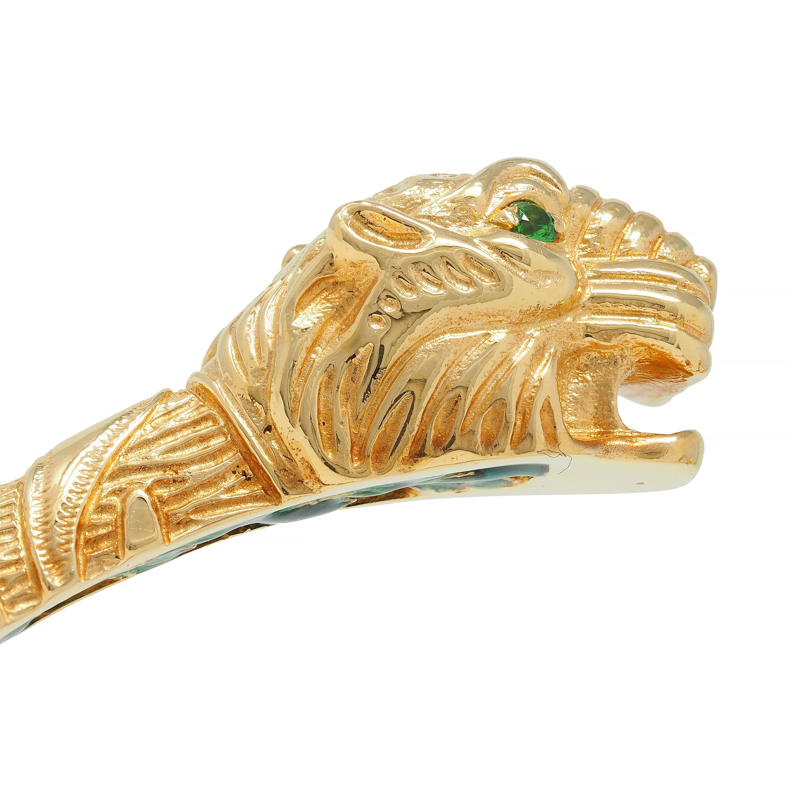 Gucci 2016 Tsavorite Enamel 18 Karat Yellow Gold Dionysus Tiger Cuff Bracelet For Sale 6