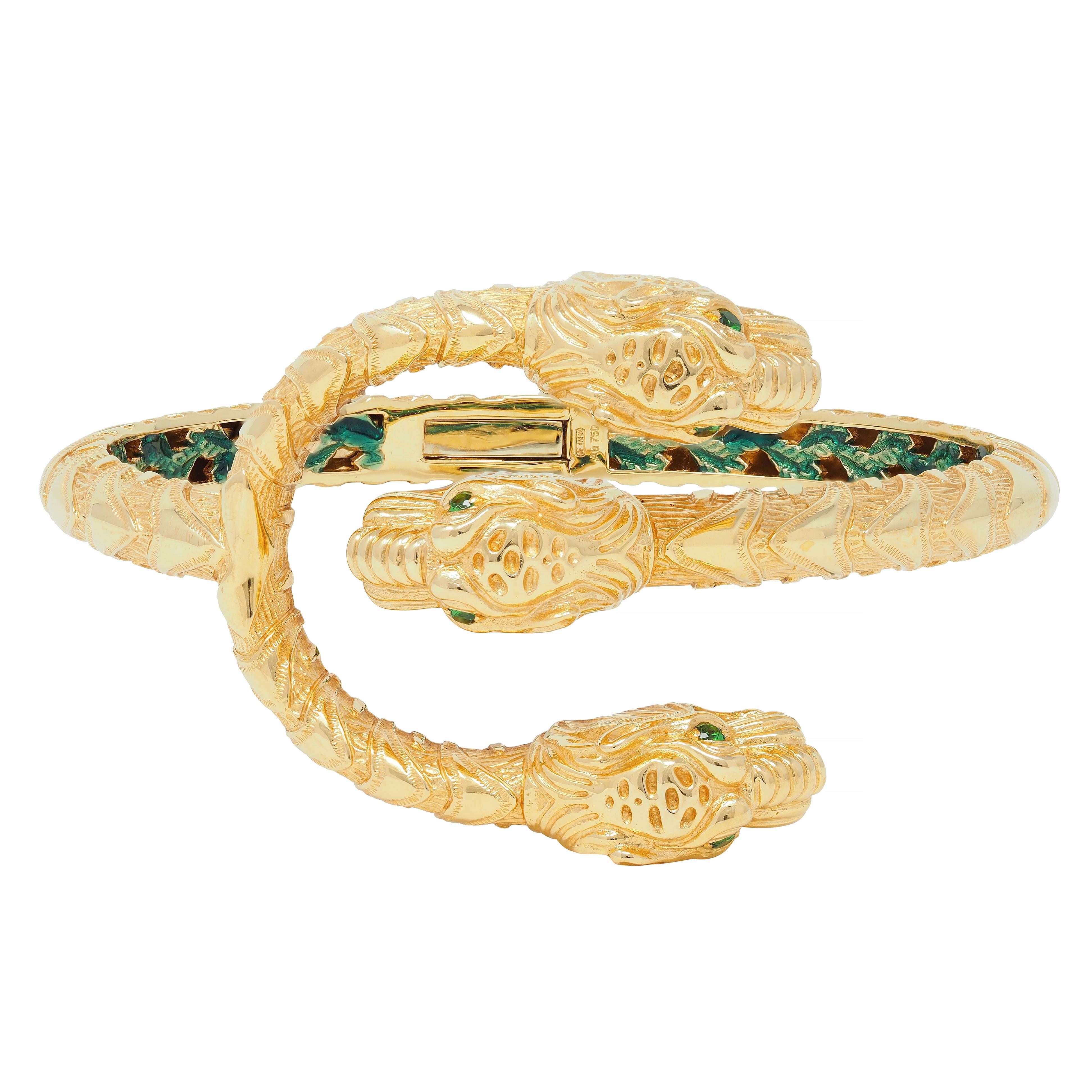 Gucci 2016 Tsavorite Enamel 18 Karat Yellow Gold Dionysus Tiger Cuff Bracelet For Sale 8
