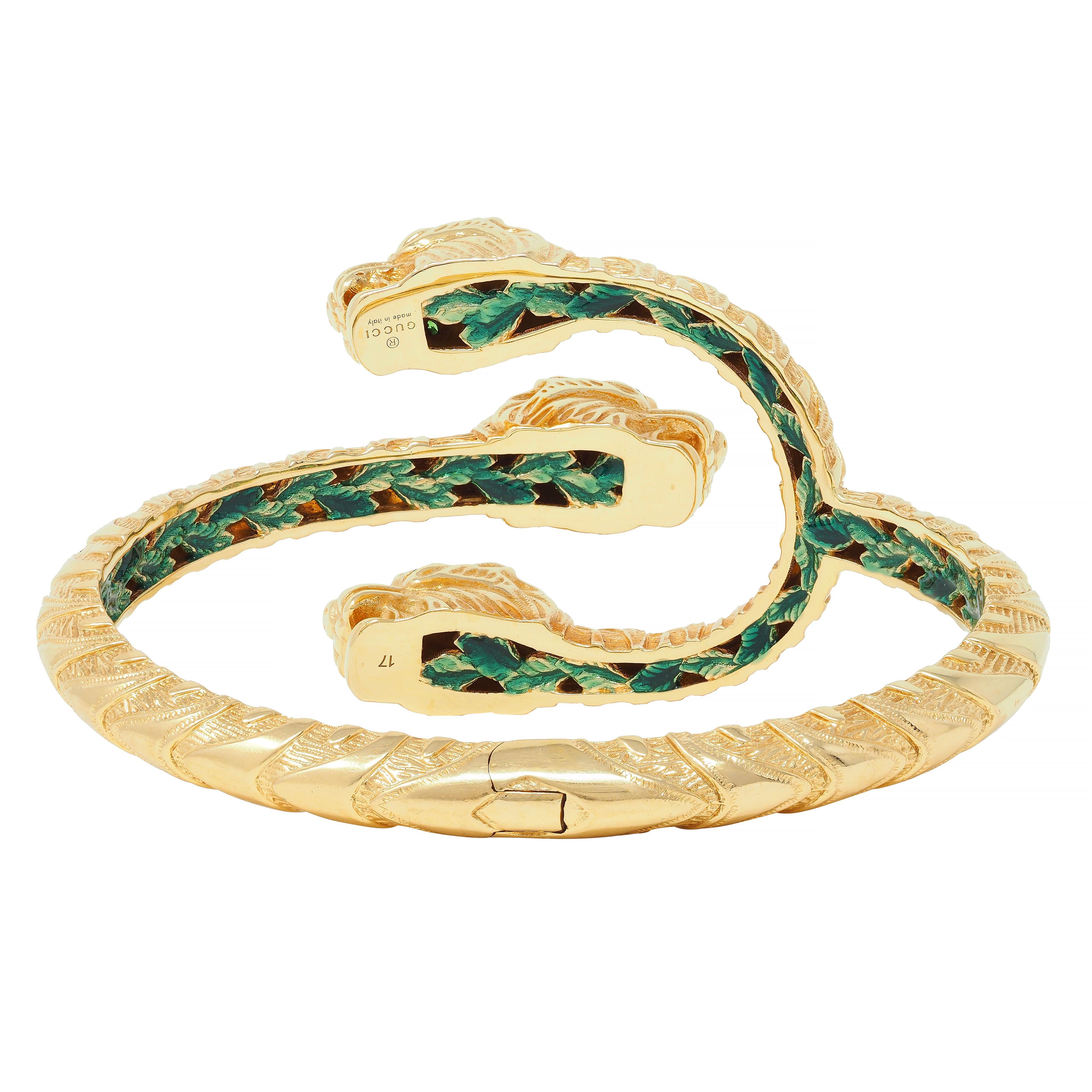 Contemporary Gucci 2016 Tsavorite Enamel 18 Karat Yellow Gold Dionysus Tiger Cuff Bracelet For Sale