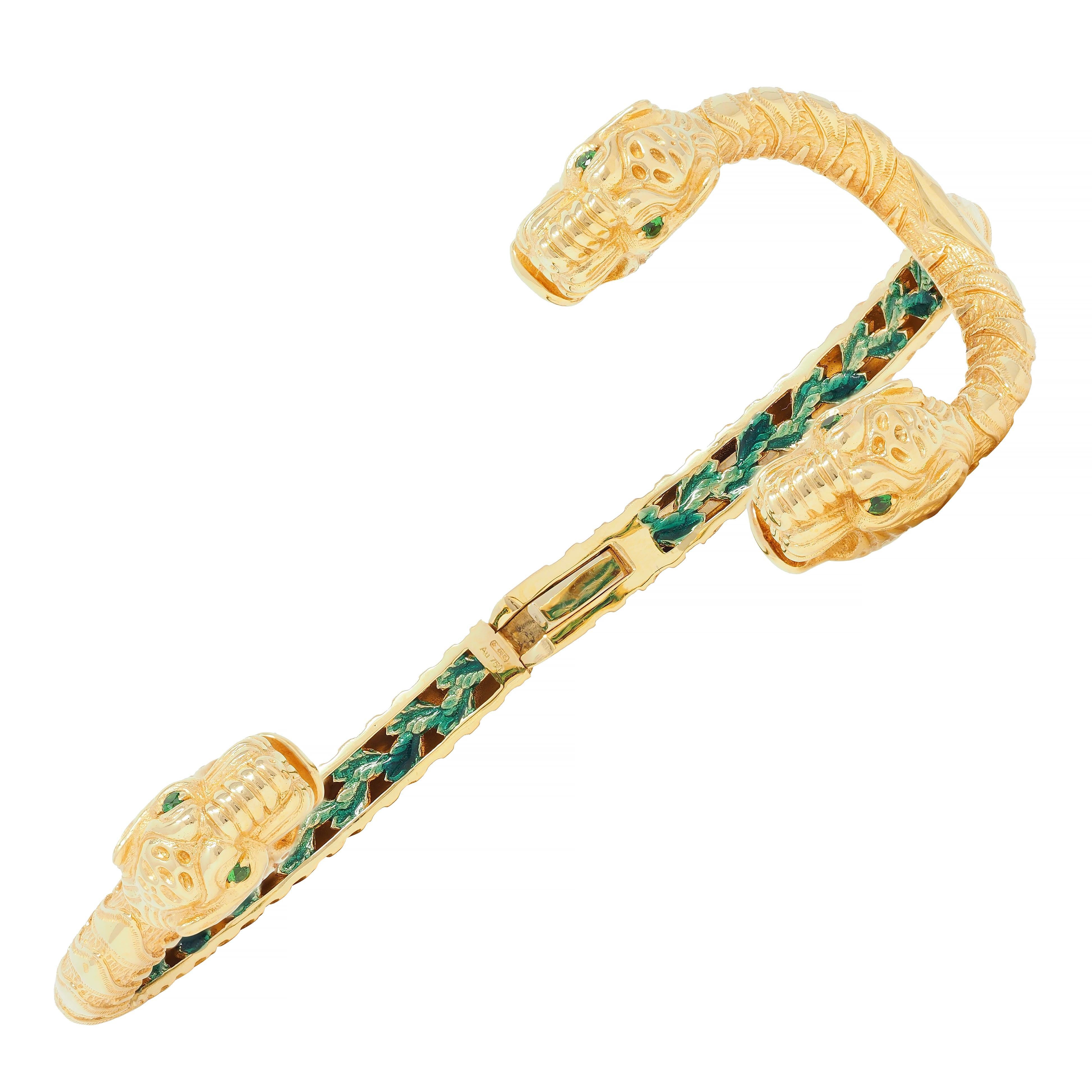 Women's or Men's Gucci 2016 Tsavorite Enamel 18 Karat Yellow Gold Dionysus Tiger Cuff Bracelet For Sale