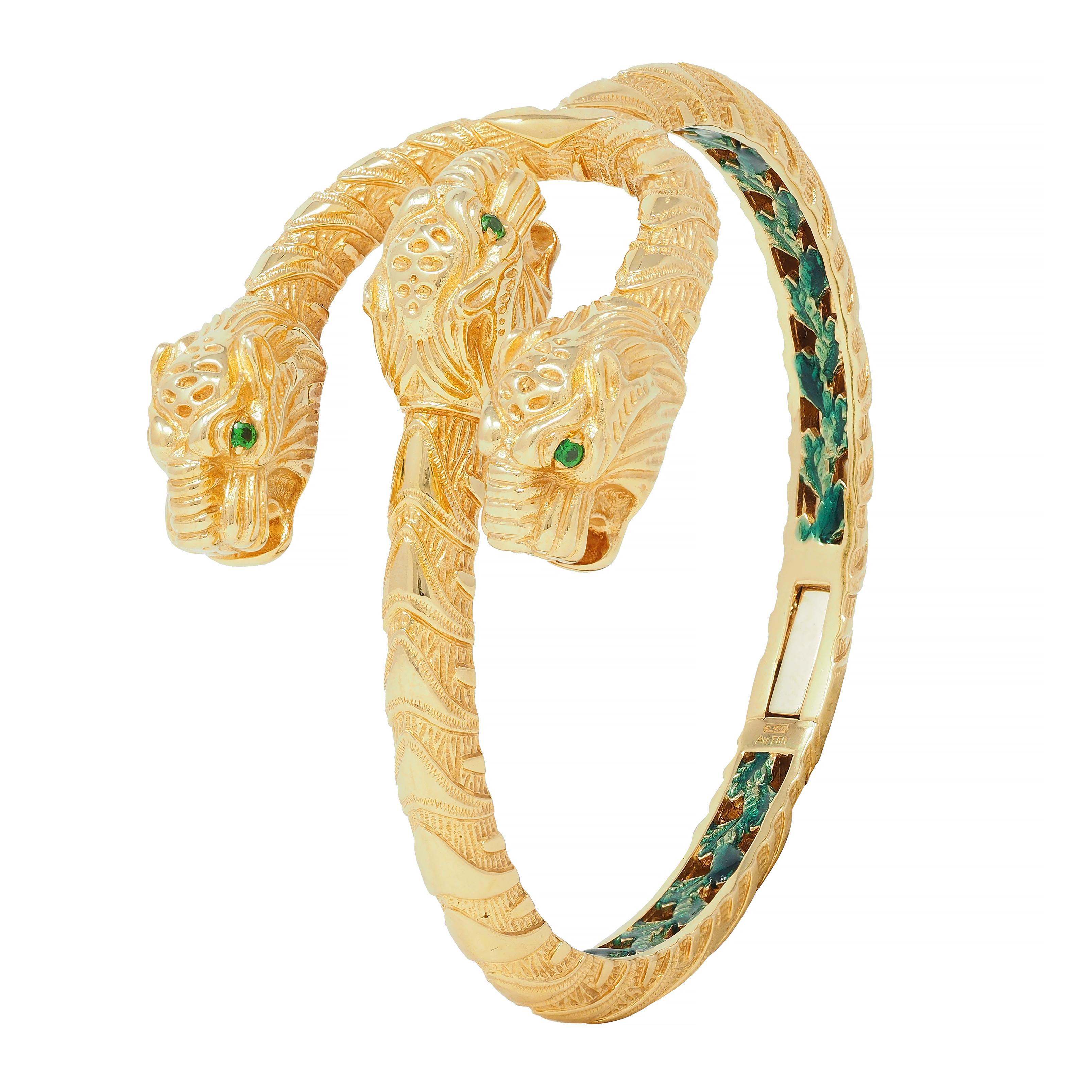 Gucci 2016 Tsavorite Enamel 18 Karat Yellow Gold Dionysus Tiger Cuff Bracelet For Sale 3