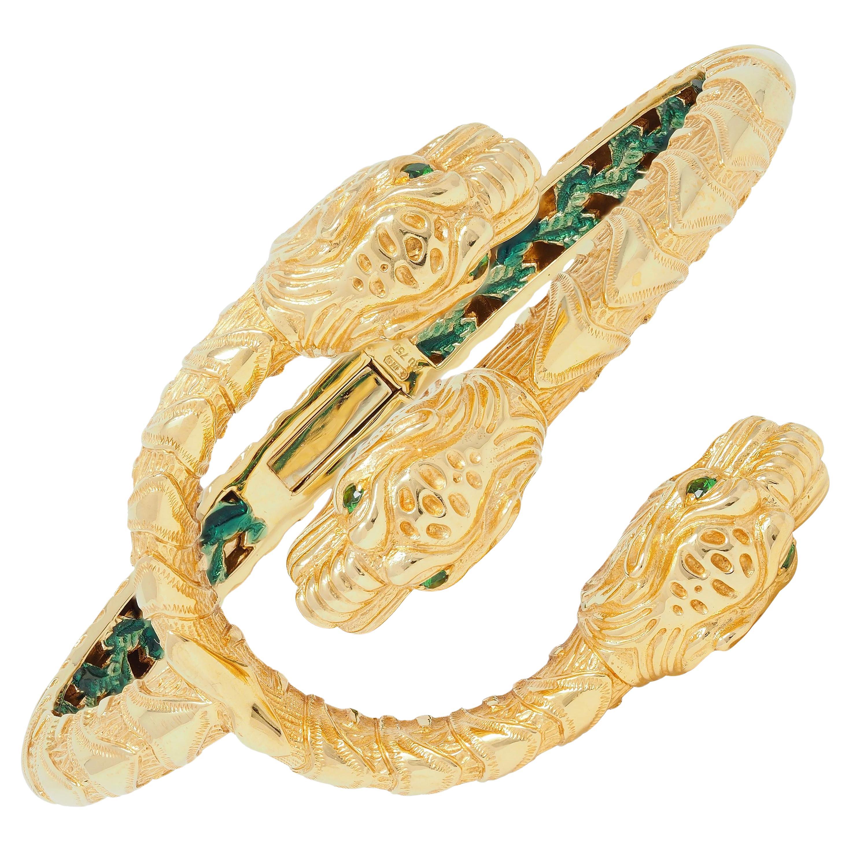 Gucci 2016 Tsavorite Enamel 18 Karat Yellow Gold Dionysus Tiger Cuff Bracelet For Sale