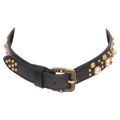 GUCCI 2017 black calfskin gold GG faux pearl embellished choker necklace