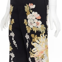 GUCCI 2017 black wool chrysanthemum floral embroidery wide leg cropped trousres