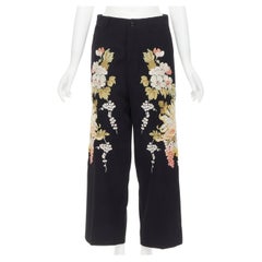 GUCCI 2017 black wool chrysanthemum floral embroidery wide leg cropped trousres 