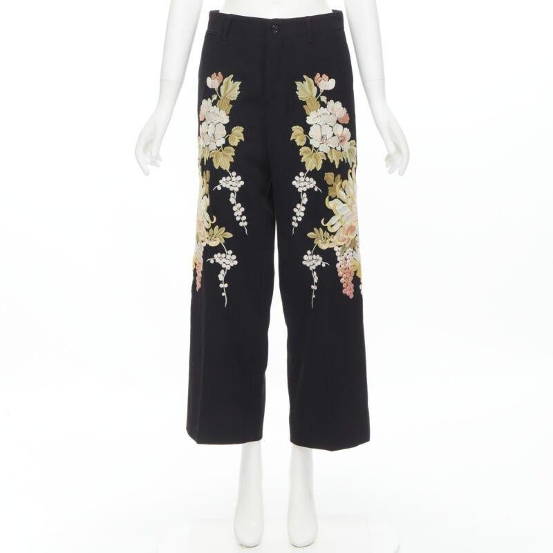 GUCCI 2017 black wool chrysanthemum floral embroidery wide leg trousers IT38 XS For Sale 5
