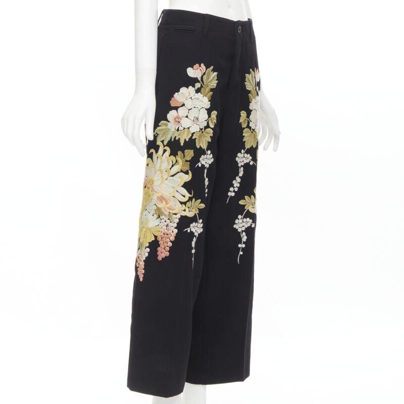 Black GUCCI 2017 black wool chrysanthemum floral embroidery wide leg trousers IT38 XS For Sale