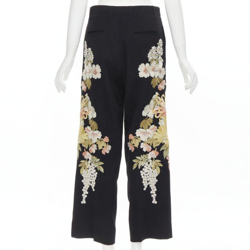 Women's GUCCI 2017 black wool chrysanthemum floral embroidery wide leg trousers IT38 XS For Sale