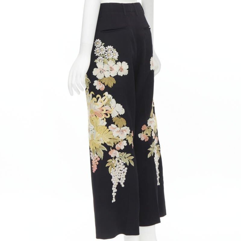 GUCCI 2017 black wool chrysanthemum floral embroidery wide leg trousers IT38 XS For Sale 1