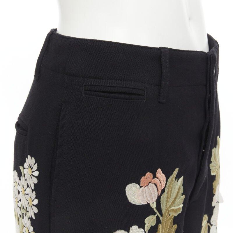 GUCCI 2017 black wool chrysanthemum floral embroidery wide leg trousers IT38 XS For Sale 2