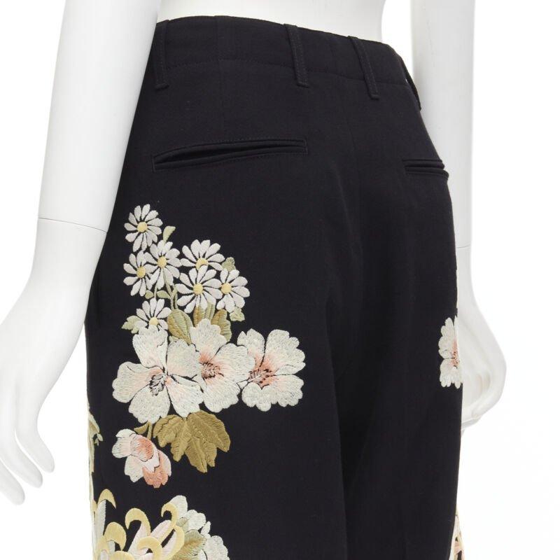 GUCCI 2017 black wool chrysanthemum floral embroidery wide leg trousers IT38 XS For Sale 3