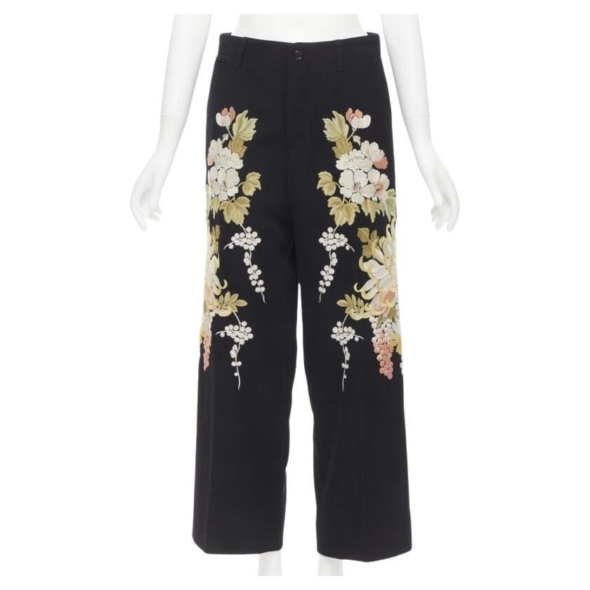 GUCCI 2017 black wool chrysanthemum floral embroidery wide leg trousers IT38 XS For Sale